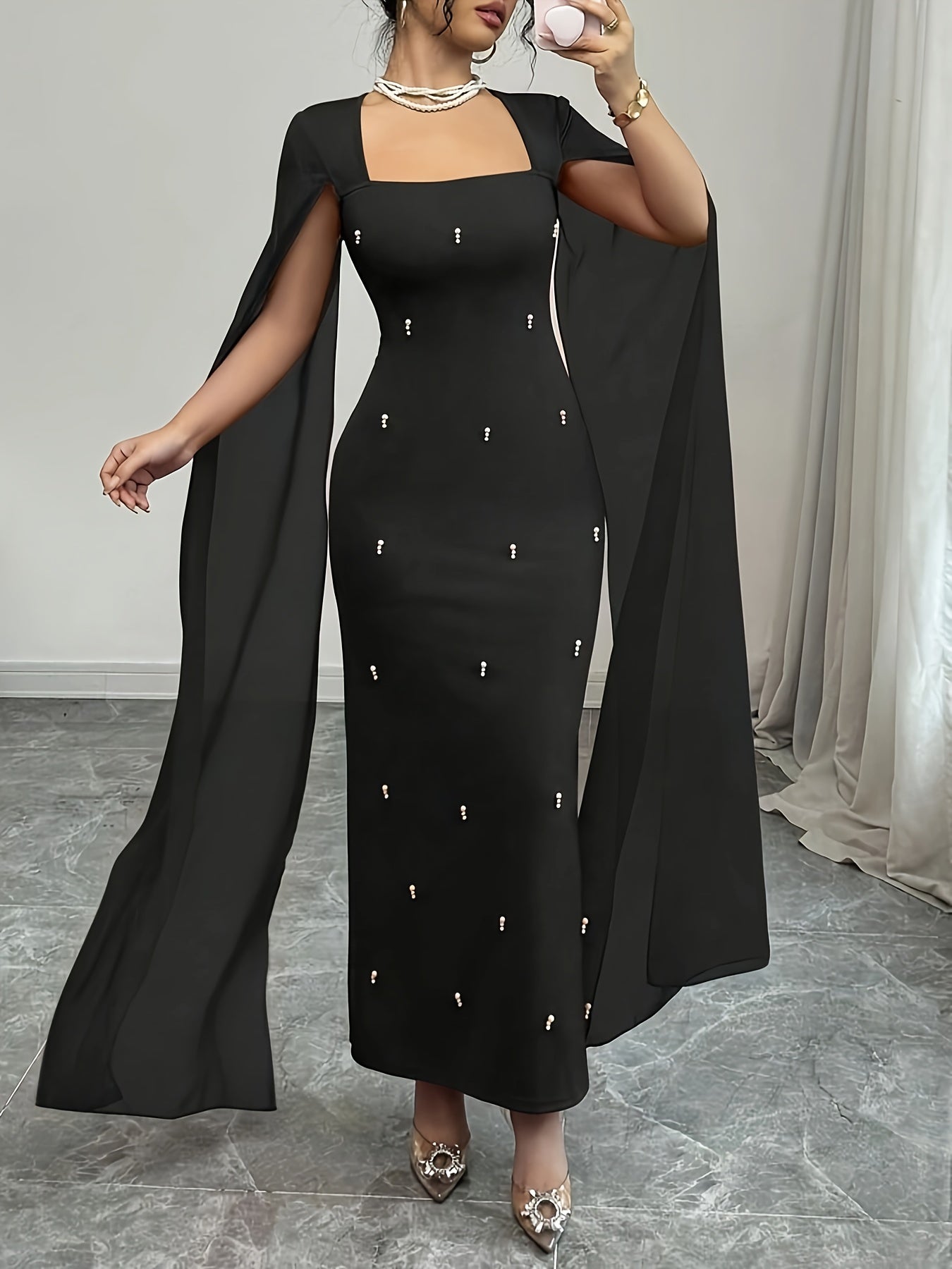 Elegant Everyday Party Fitted Shawl Collar Chiffon Sheer Stretchy Red Women'S Dress - Long Mermaid Gown for Spring And Summer