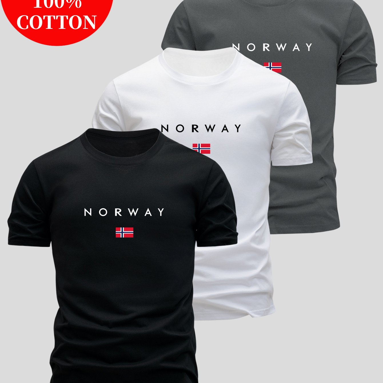 3pcs Men'S 100% Cotton T-Shirts - Breathable & Sweat-Wicking, Slim Fit Crew Neck Short Sleeve Tees with "NORWAY" Graphic Print, Casual Summer Tops in Black, White & Grey, Sweat-Resistant, Lightweight & Comfortable for Casual