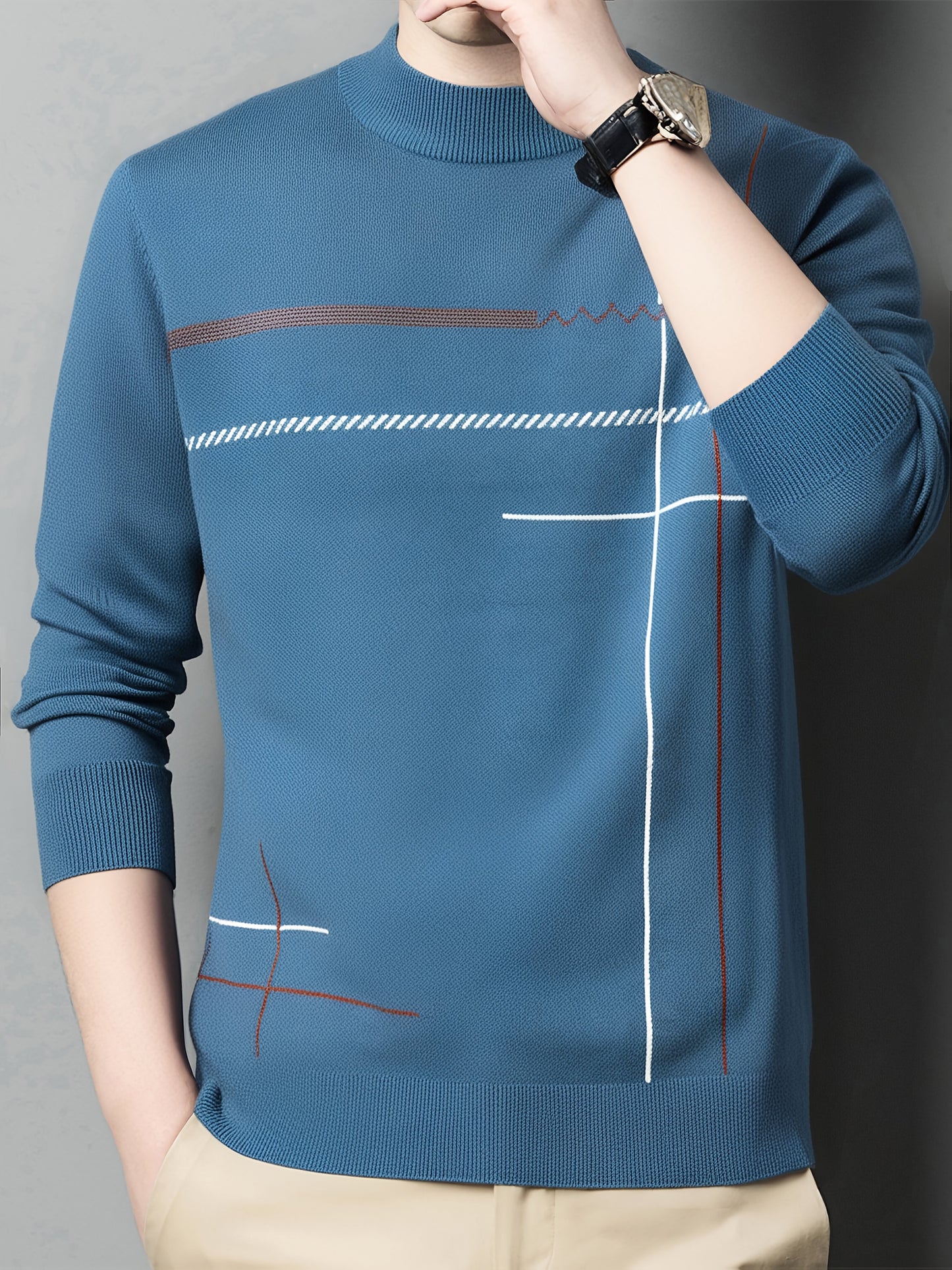 Classic Mature Men's Irregular Stripe Round Neck Casual Long Sleeve Knit Set