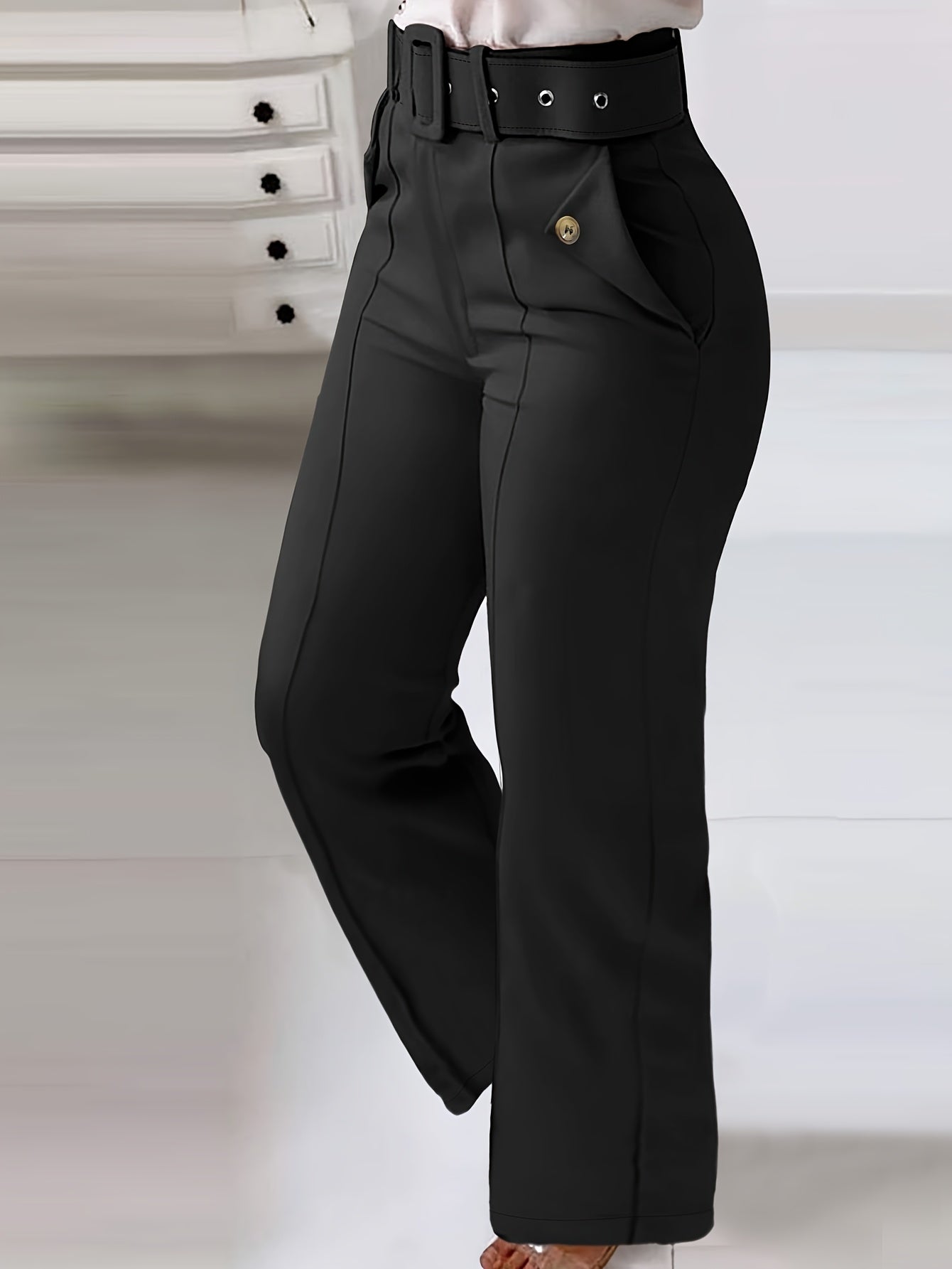 Pantalon Femme Taille Haute Jambe Large – Noir, Ceinture et Poches Obliques, Confortable et Décontracté