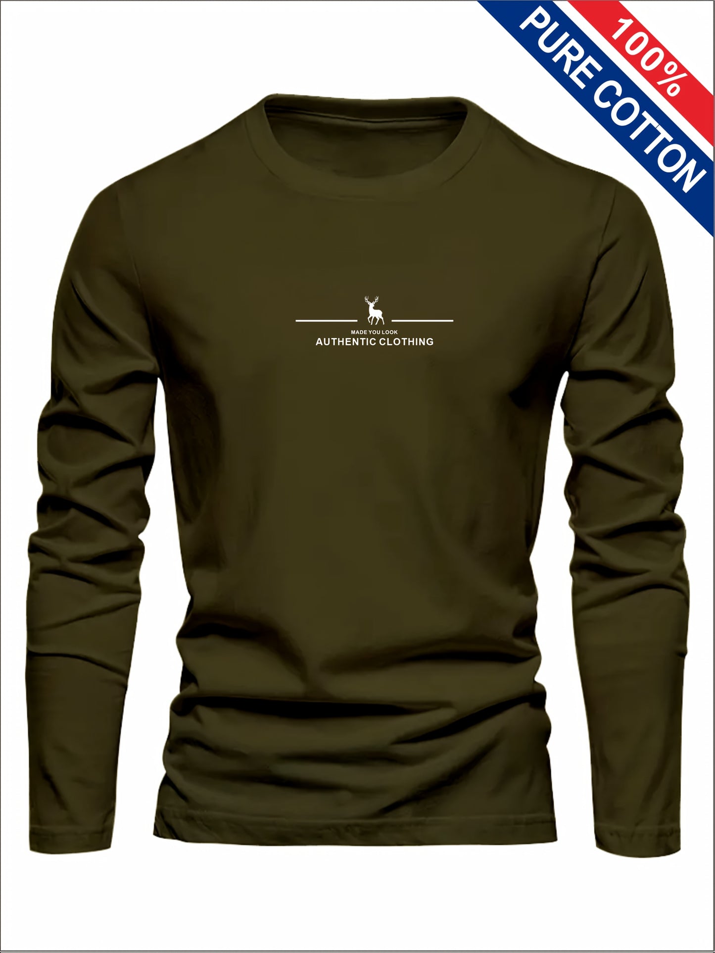 Men's 100% Cotton Long Sleeve T-Shirt - Soft Breathable Casual Round Neck Shirt Suitable for Fall/Winter, Machine Washable Layering Essential for & Social Events - Fabric