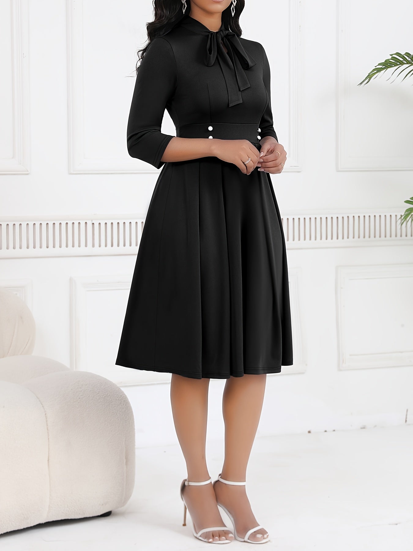 Spring/Autumn Women's Dress with Tie Waist, Elegant and Sophisticated, Business Workplace, Tie-Neck Navy Blue Midi Dress HRYY116