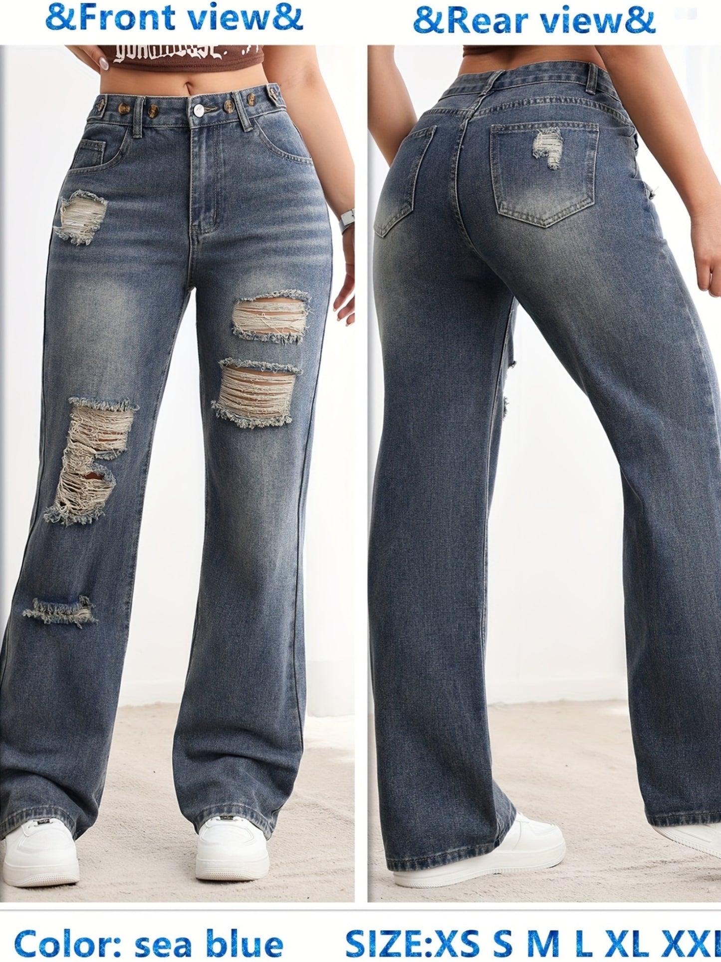 Jeans pour femmes, élégants, de style européen et américain, nouveau design, taille ajustable, effet usé, jambes droites et jambes larges.
