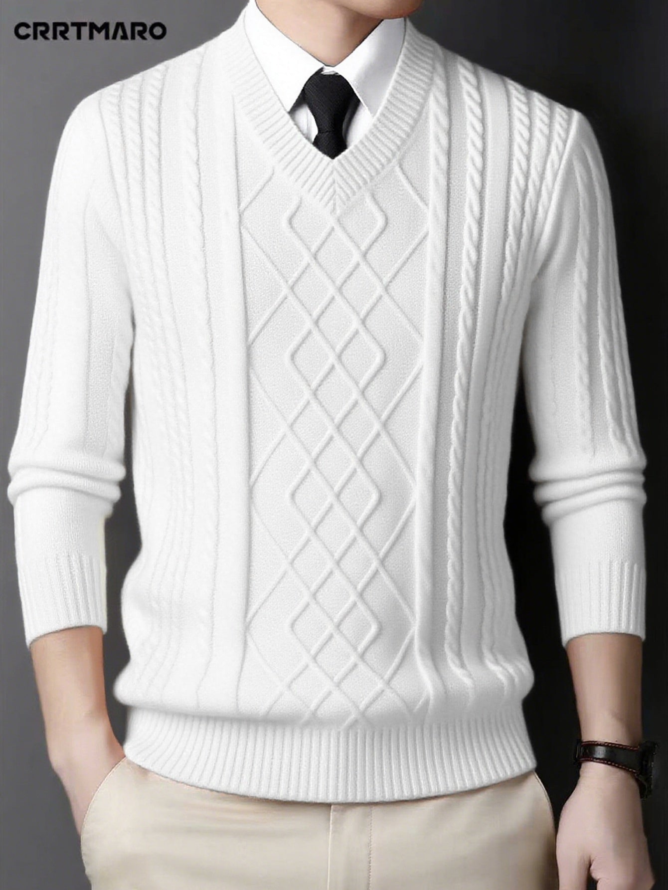 New Men's Knit Sweater with Twisted Floral V-Neck Long Sleeve Casual Top