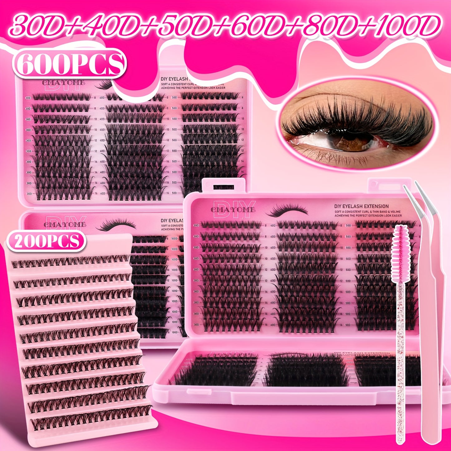 600/200 pcs Cils Individuels – Kit d’Extensions DIY 30D/40D/50D, Inclus Pince et Brosse Douce, Cils Réutilisables, Parfaits pour Maquillage de Soirée, Scène et Festivals