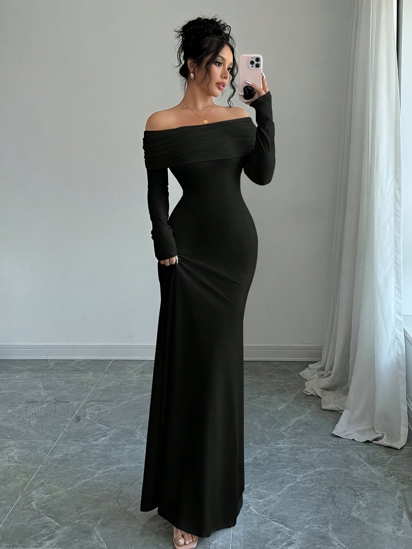 Women's Elegant Strapless/ Neck Twist Back Mermaid Dress - Solid Color Fitted Long Sleeve Dress Suitable for Weddings, Parties, Business Events - Machine Washable Year-Round Wear