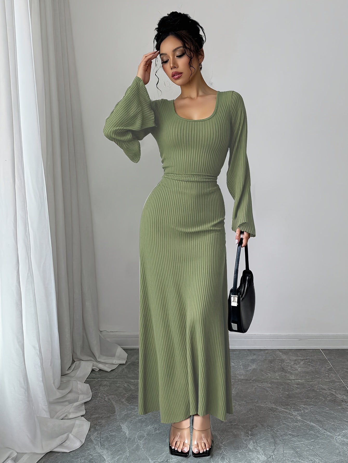 Robe Maxi Traditionnelle Femme Élégante – Couleur Unie, Manches Bouffantes, Nœud au Dos, Silhouette A-Ligne, Col Rond, Longue, Idéale Événements Formels