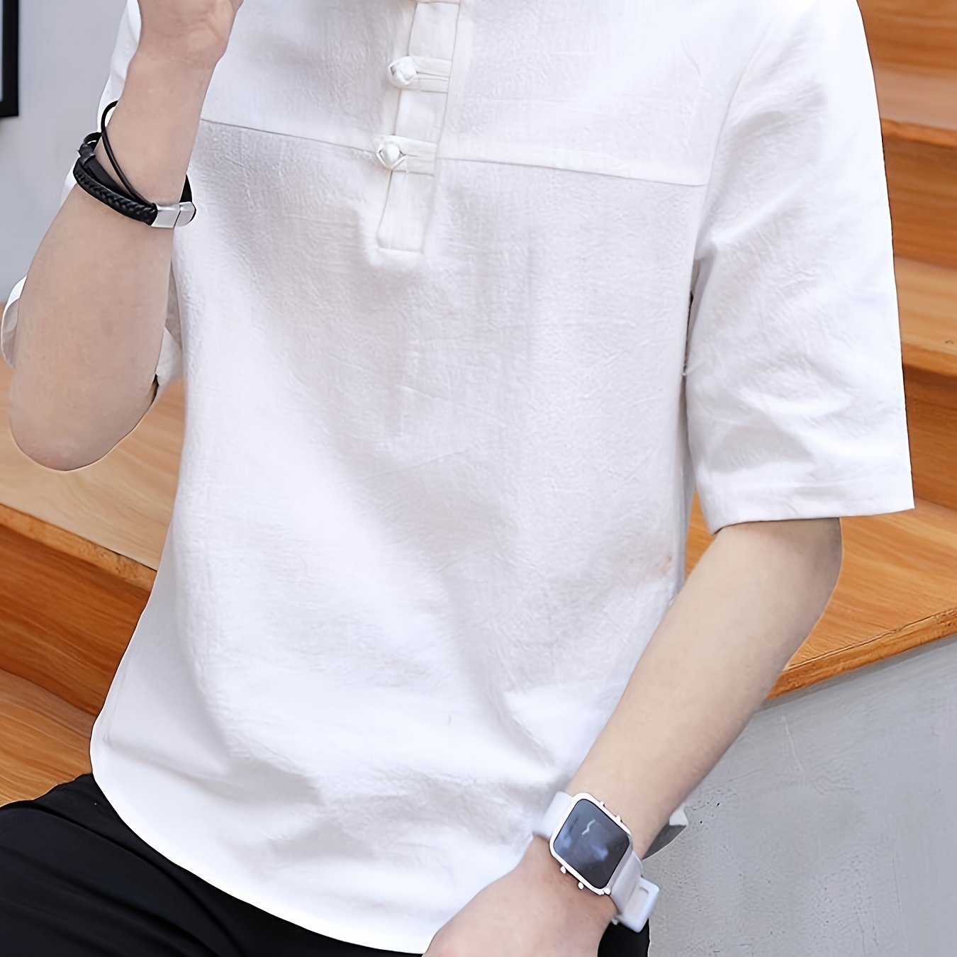 Men's Pure Cotton Chinese Style Stand Collar Top Summer Short Sleeve T-Shirt High End New Traditional