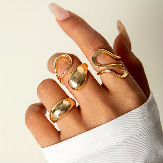 Lot de 3 bagues vintage femme – design minimaliste avec lignes irrégulières, plaqué or KC, perles sphériques lisses et boucle abstraite, bijoux pour usage quotidien ou soirées, bagues empilables durables, cadeau idéal