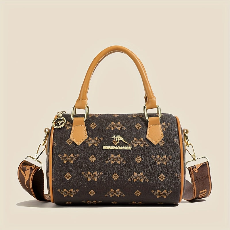 Sac vintage géométrique – sac élégant bicolore marron et blanc, bandoulière réglable, fermeture éclair, design rétro chic