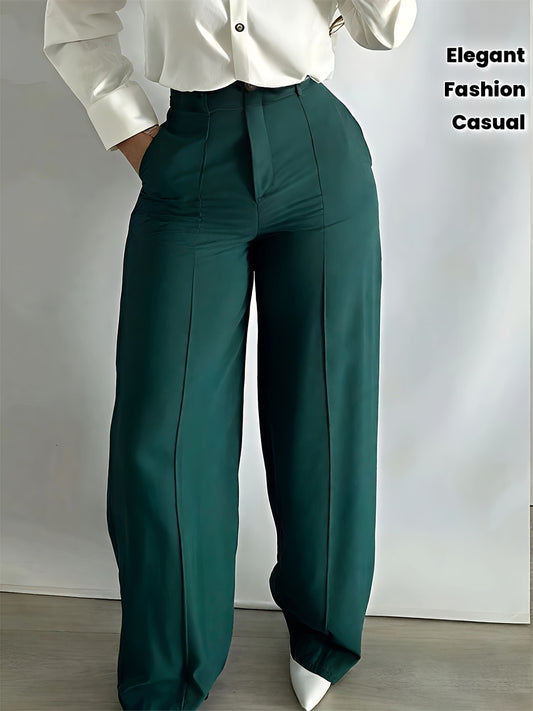 Pantalon Femme Élégant Vert Émeraude – Taille Haute, Jambe Droite, Fermeture Zippée, Sans Ceinture, Décontracté, Printemps/Automne