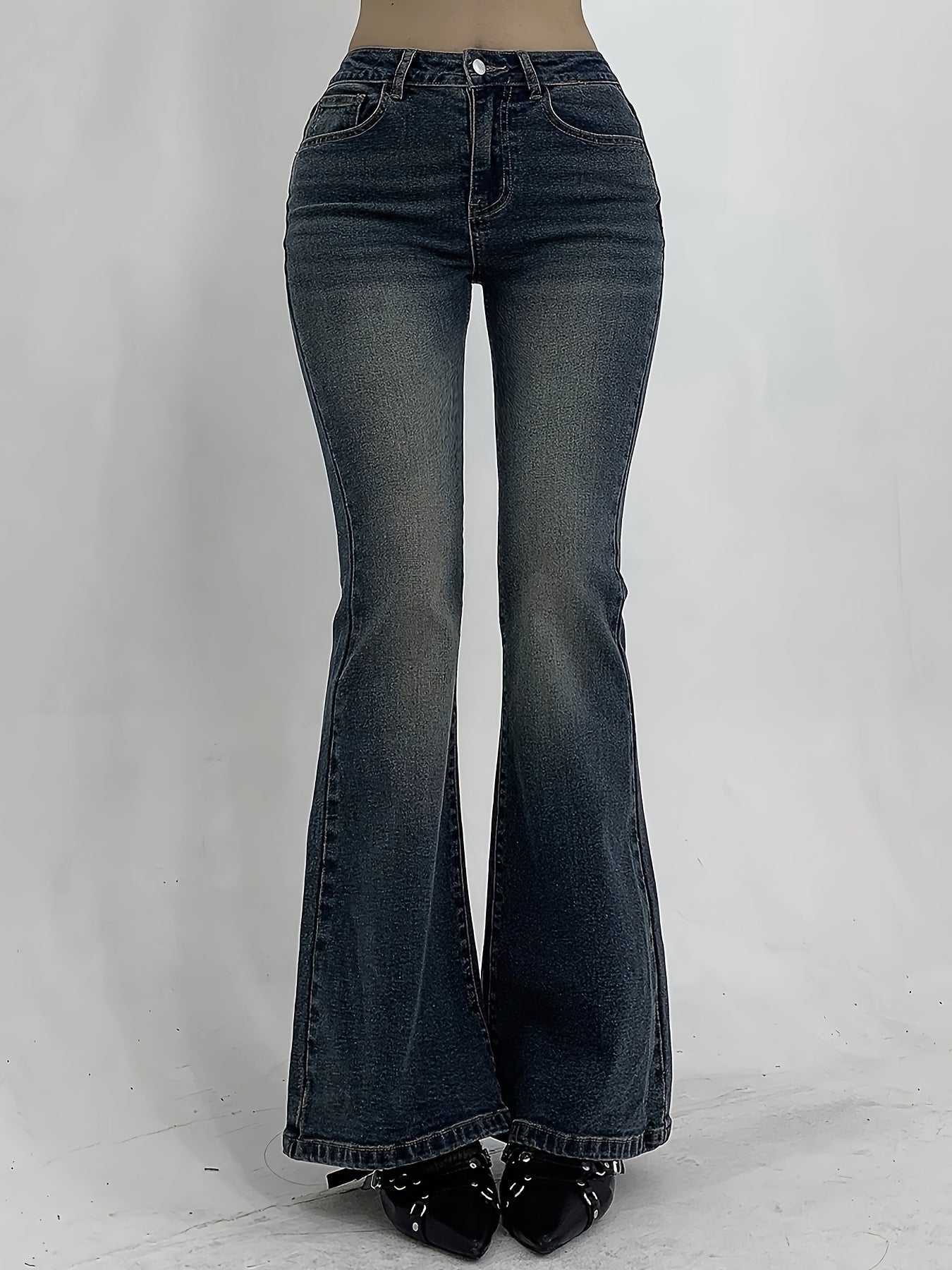 Jeans Femme Sexy Slim-Fit Évasé Extensible Poches Taille Haute Mi-Haute Bleu Clair Printemps/Automne Décontracté