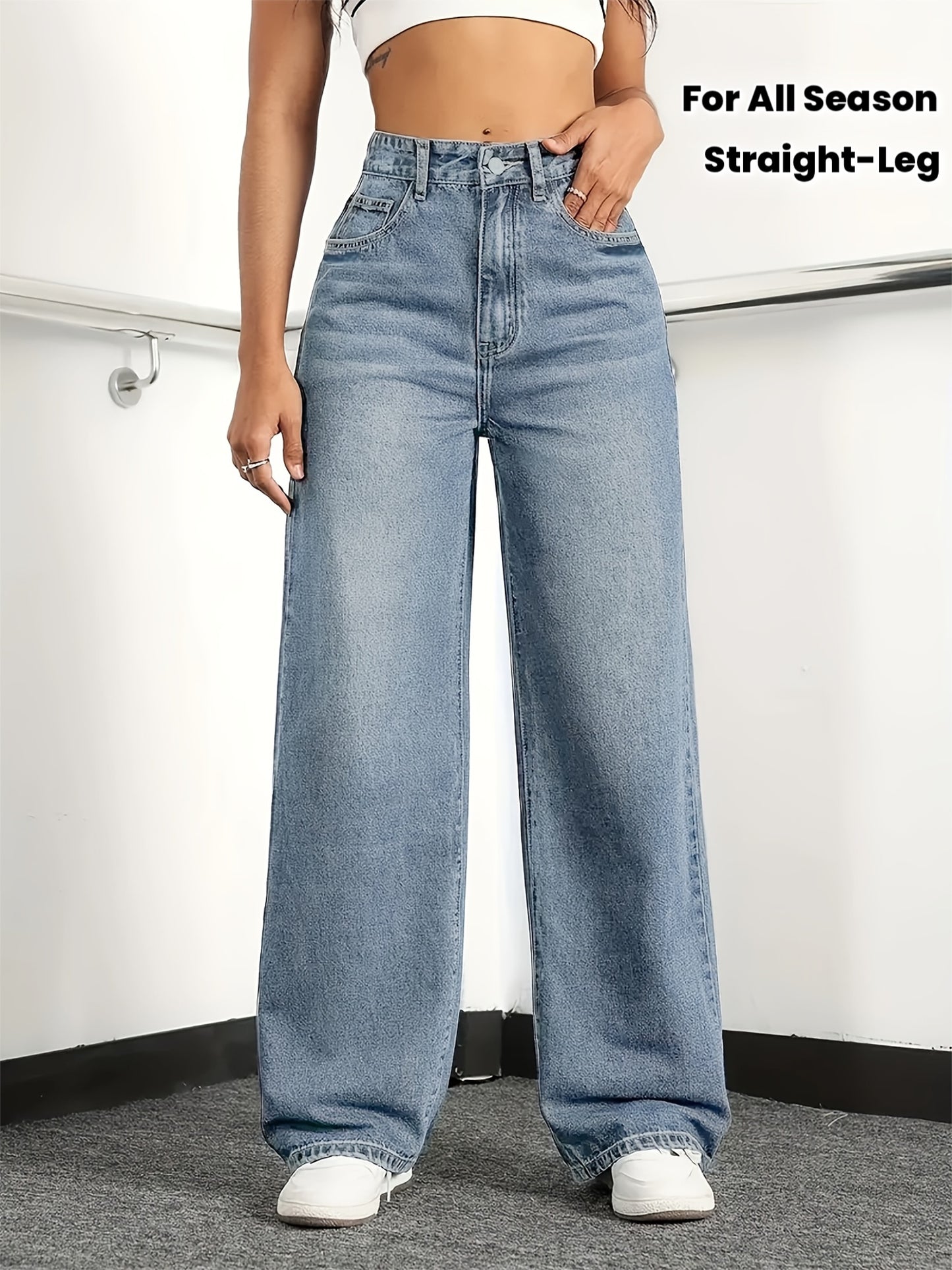 Jeans Femme Taille Haute Coupe Droite – Bleu Clair, Confortable, Style Décontracté Élégant, Toutes Saisons