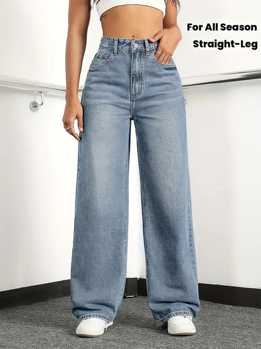 Jeans Femme Taille Haute Coupe Droite – Bleu Clair, Confortable, Style Décontracté Élégant, Toutes Saisons