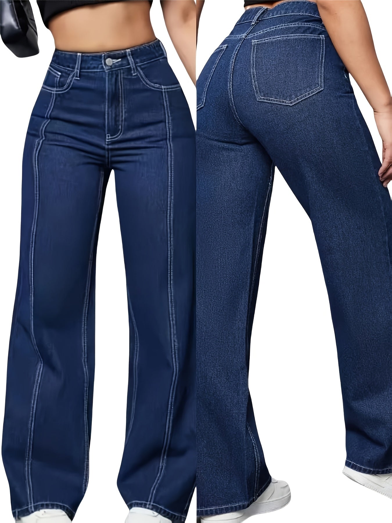 Jeans Femme Grande Taille – Taille Haute, Jambe Droite et Large, Bleu avec Poches Obliques
