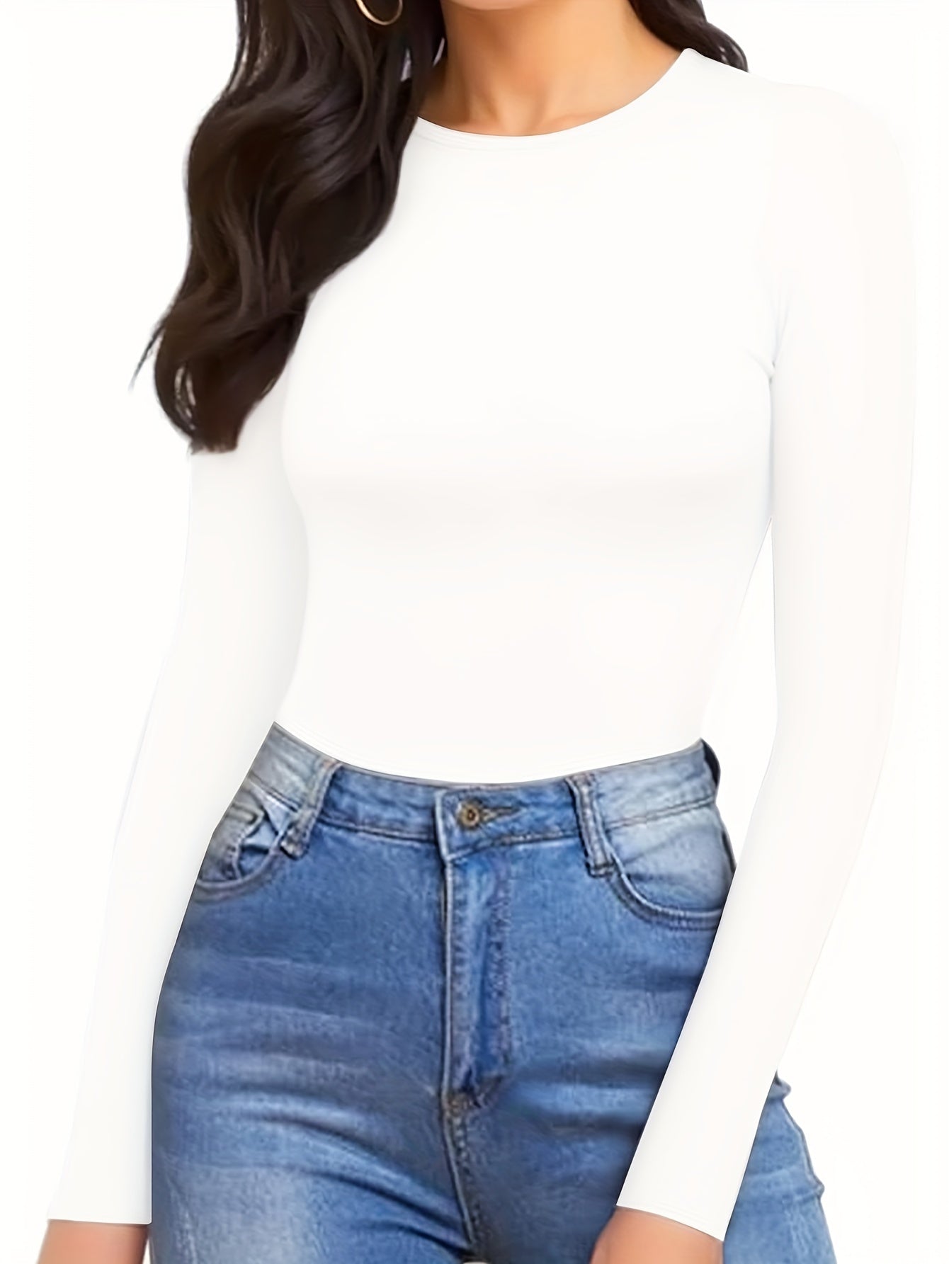 Body femme à manches longues, col rond, coupe slim, style décontracté