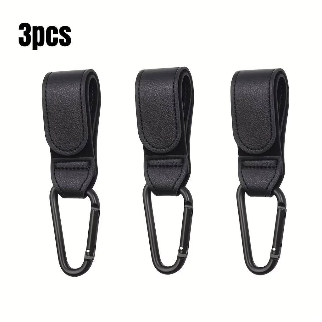 Premium 3-Pack Vegan Leather Stroller Hooks – Heavy-Duty Aluminum Hooks for Diaper Bags, Shopping Bags & Baby Essentials