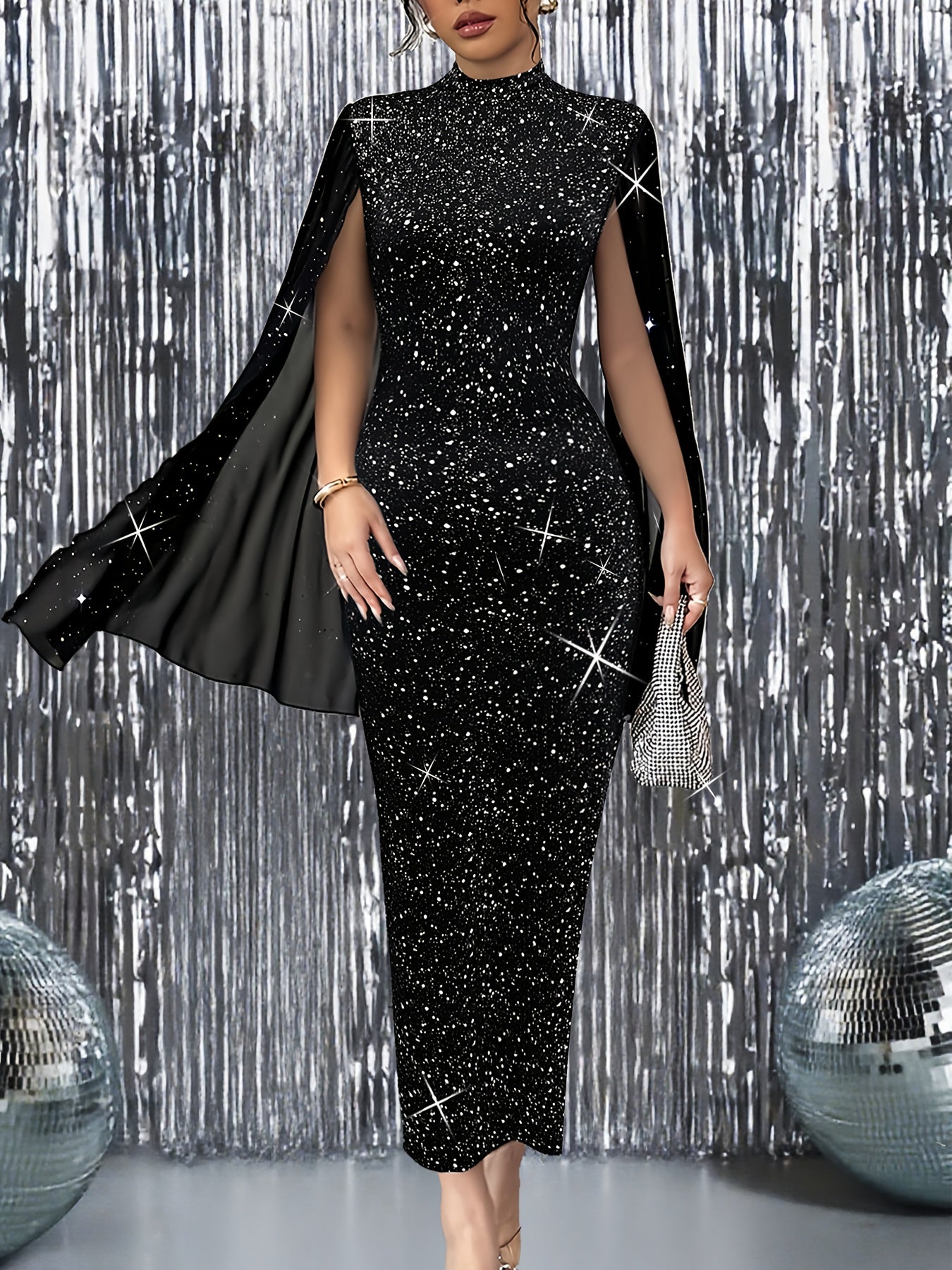 2025 New Elegant Formal Fall Women's Dress, Sequin Evening Gown with Fashionable Spliced Sleeves, Slim-Fit Starlight Long Dress for Halloween Costumes, Parties, and Gatherings