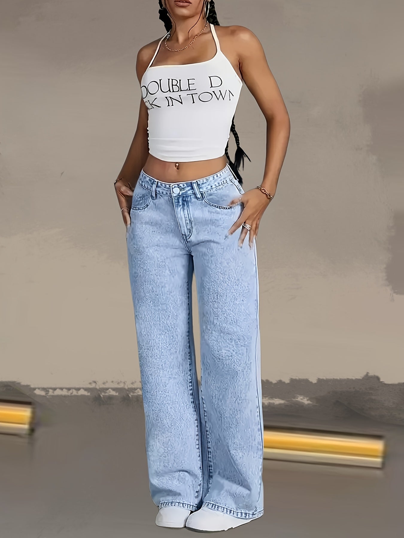 Jeans Femme Nouveaux – Coupe Large Droite, Bleu Clair Effet Flocon, Taille Haute Ceinturée, Confortables, Pantalon Décontracté Élégant Polyvalent pour Quotidien, Voyage et Bureau