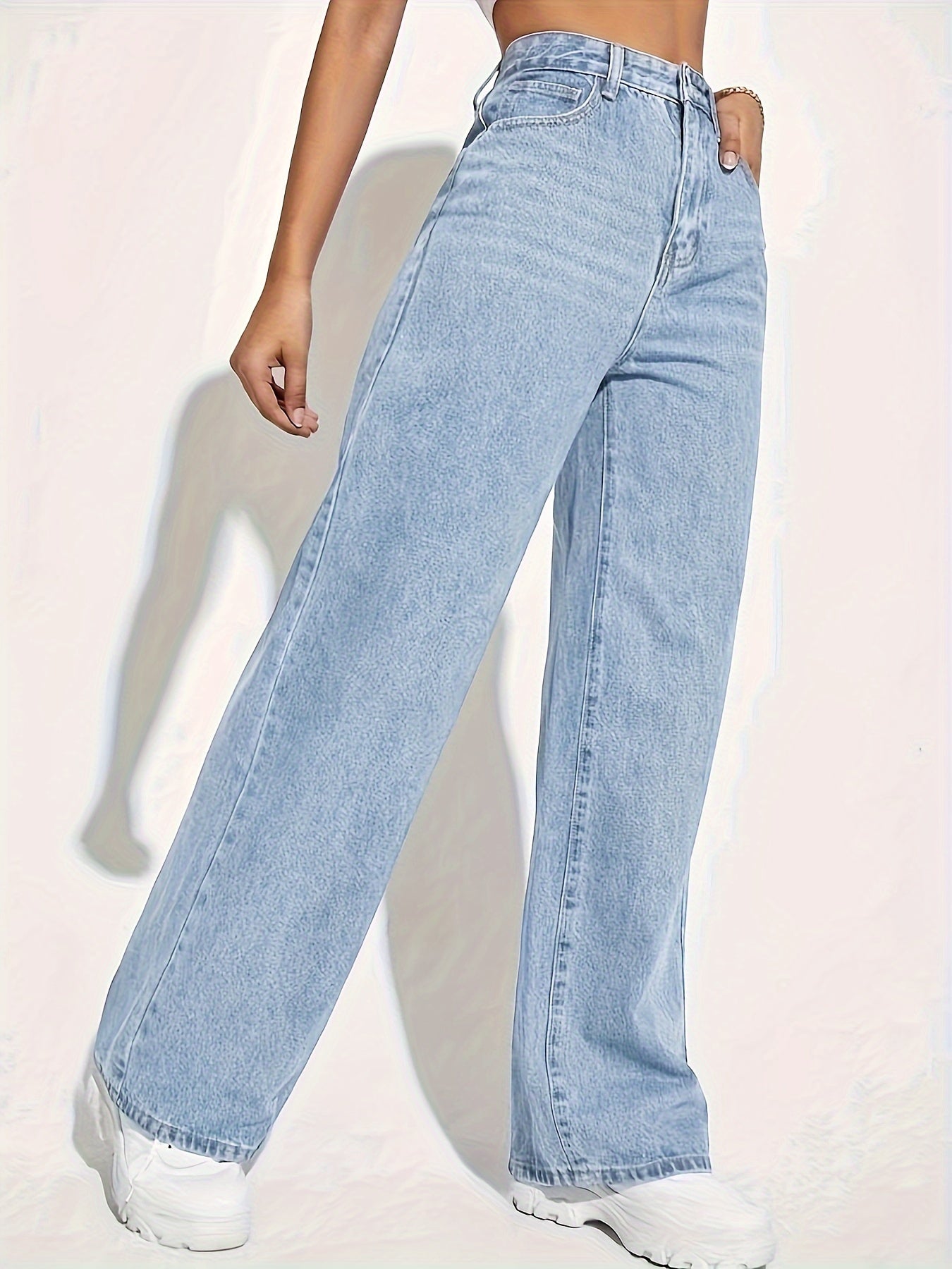 Jeans Femme Taille Haute Style Décontracté Couleur Unie Extensible Jambe Large Longue Zippé Toute Saison