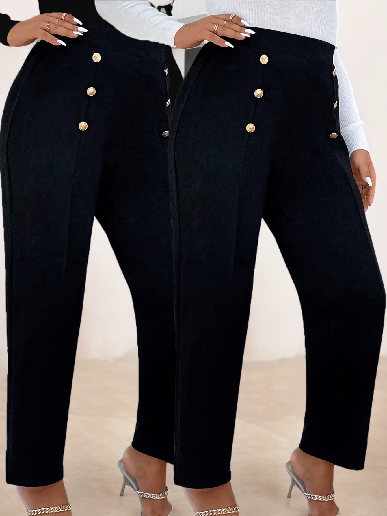 Lot de 2 Pantalons Femme Grande Taille – Taille Haute, Boutons, Jambe Droite, Noir