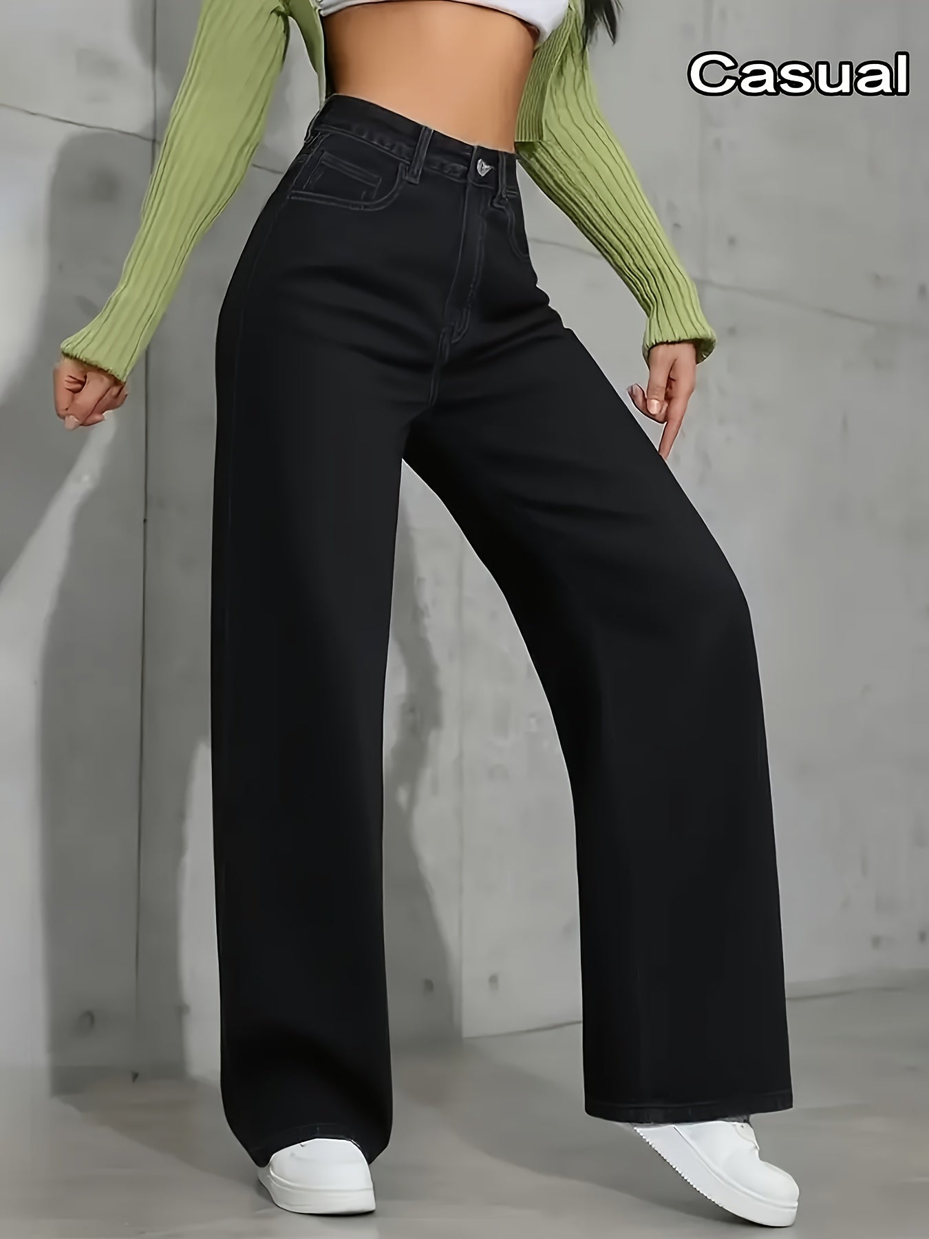 Jeans Femme Taille Haute Jambe Large Extensible Ceinture Élastique Poches Obliques Jambe Droite Noir Toute Saison