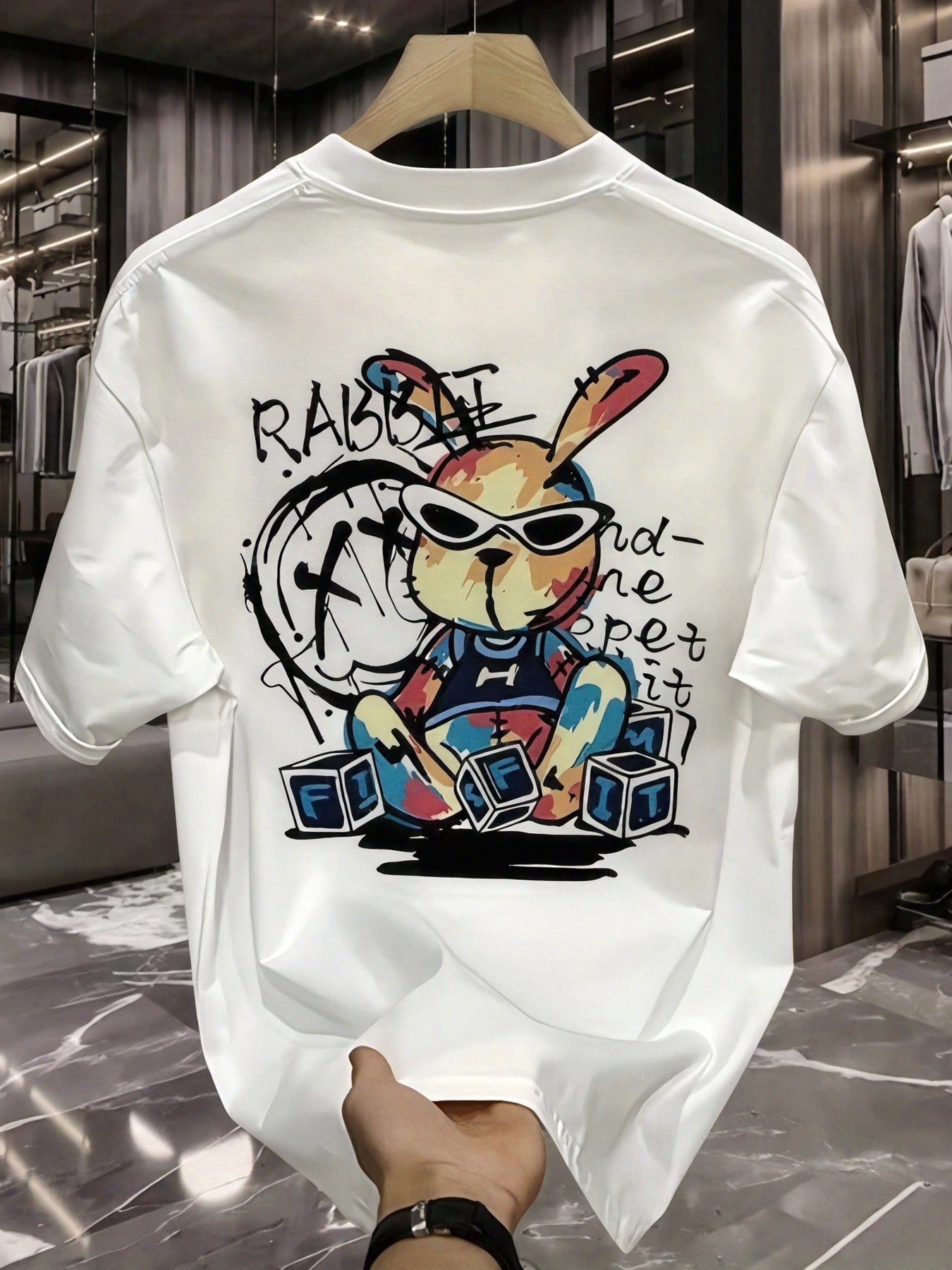 Men's Heavyweight 100% Cotton Oversized T-Shirt with Rabbit & Rave Graphic Print - Loose Fit Casual Summer Tee for Music Festivals, Parties & Casual Attire - Rabbit Rabbit Rave Design (Large Size) - Breathable Round Neck Shor