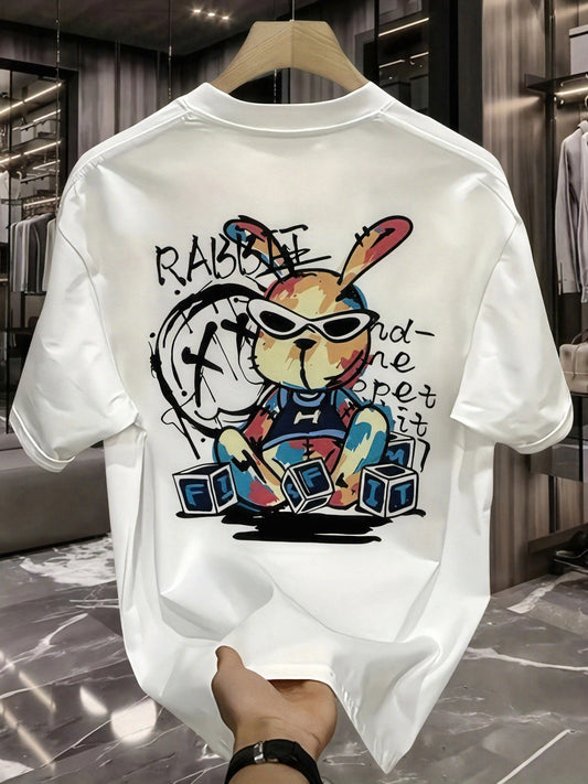 Men's Heavyweight 100% Cotton Oversized T-Shirt with Rabbit & Rave Graphic Print - Loose Fit Casual Summer Tee for Music Festivals, Parties & Casual Attire - Rabbit Rabbit Rave Design (Large Size) - Breathable Round Neck Shor