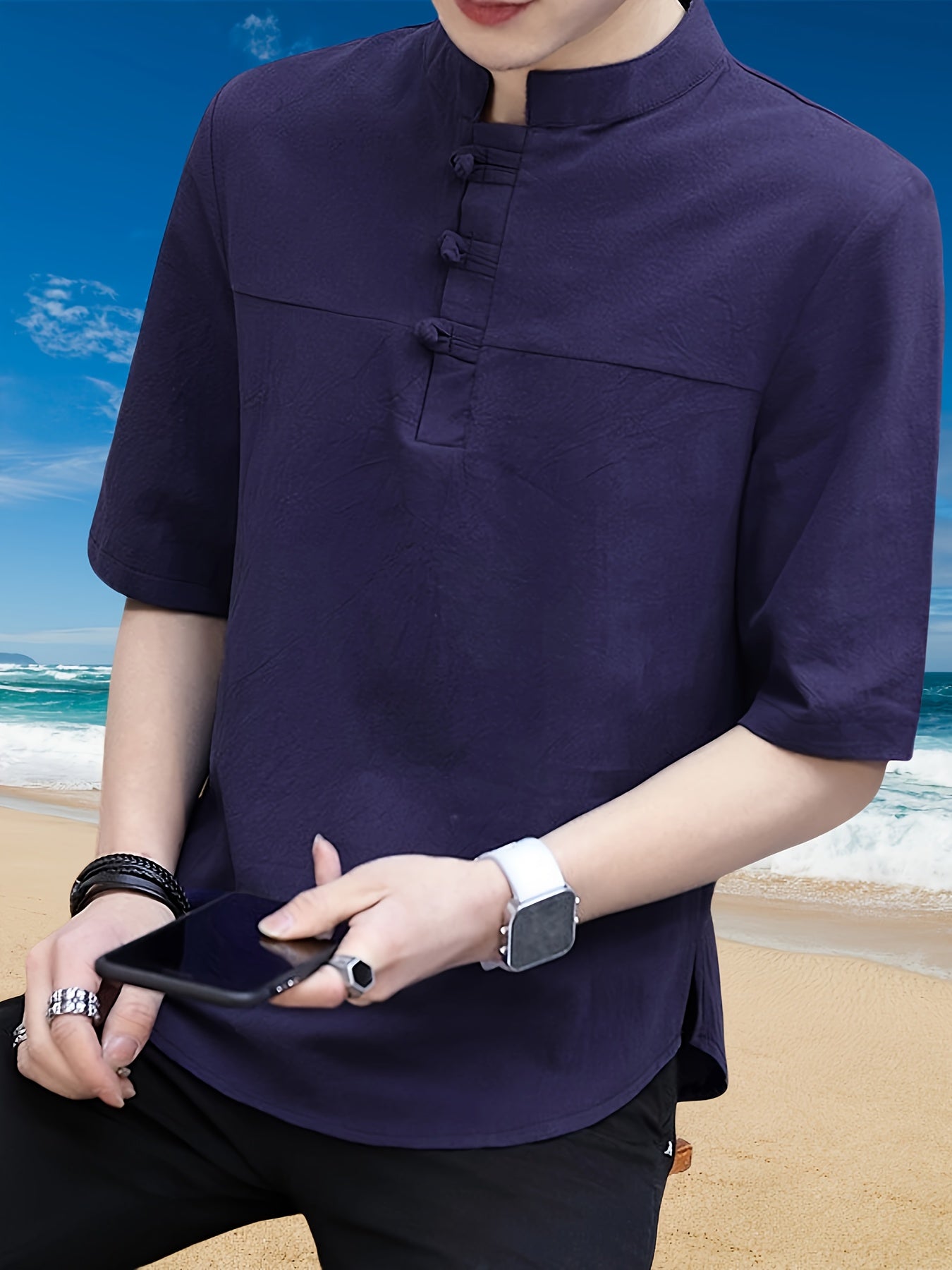 Men's Pure Cotton Chinese Style Stand Collar Top Summer Short Sleeve T-Shirt High End New Traditional