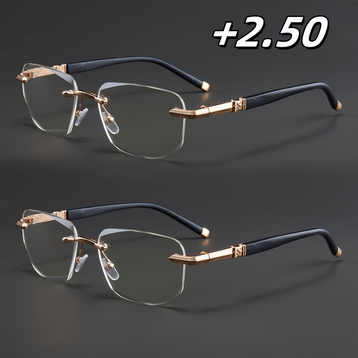 Two Pairs, Bundled Set, Stylish, Men'S, Exquisite, Luxurious, Rimless, Beveled Edge, Reading Glasses, Metal Frame, Options: 100, 150, 200, 250, 300, 350, And 400 Degrees, Without Battery, Christmas Gifts