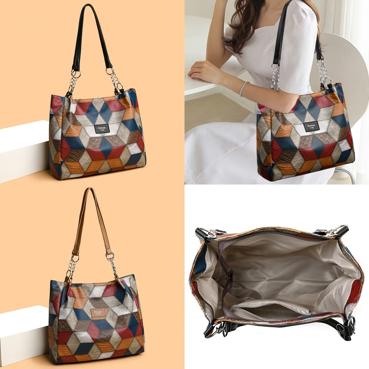 Grand sac fourre-tout pour femmes – motif géométrique à carreaux, multicolore, fermeture zippée, bandoulière fixe, parfait voyage et usage quotidien