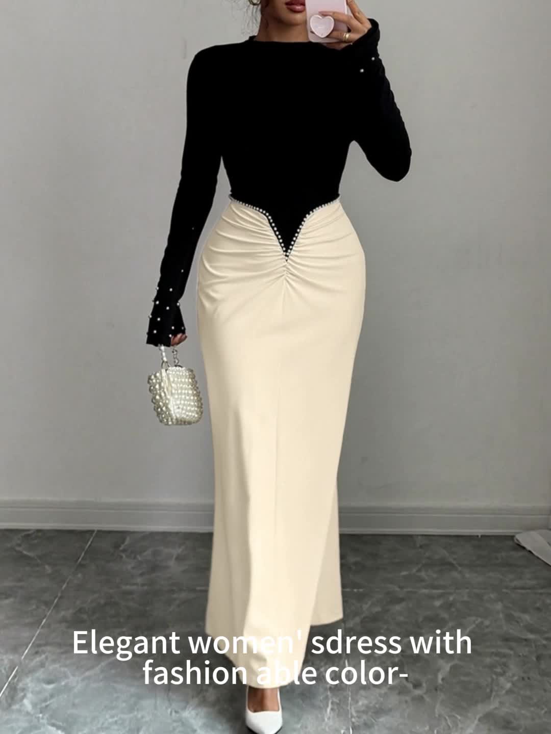 Women's Winter Long Evening Gown with Pearl & Color-Block Collar - Long Sleeve A-Line Dress Suitable for Christmas, New Year's Eve, Weddings, Proms - Elegant Party & Commuting Attire - Machine Washable High Elasticity Dress
