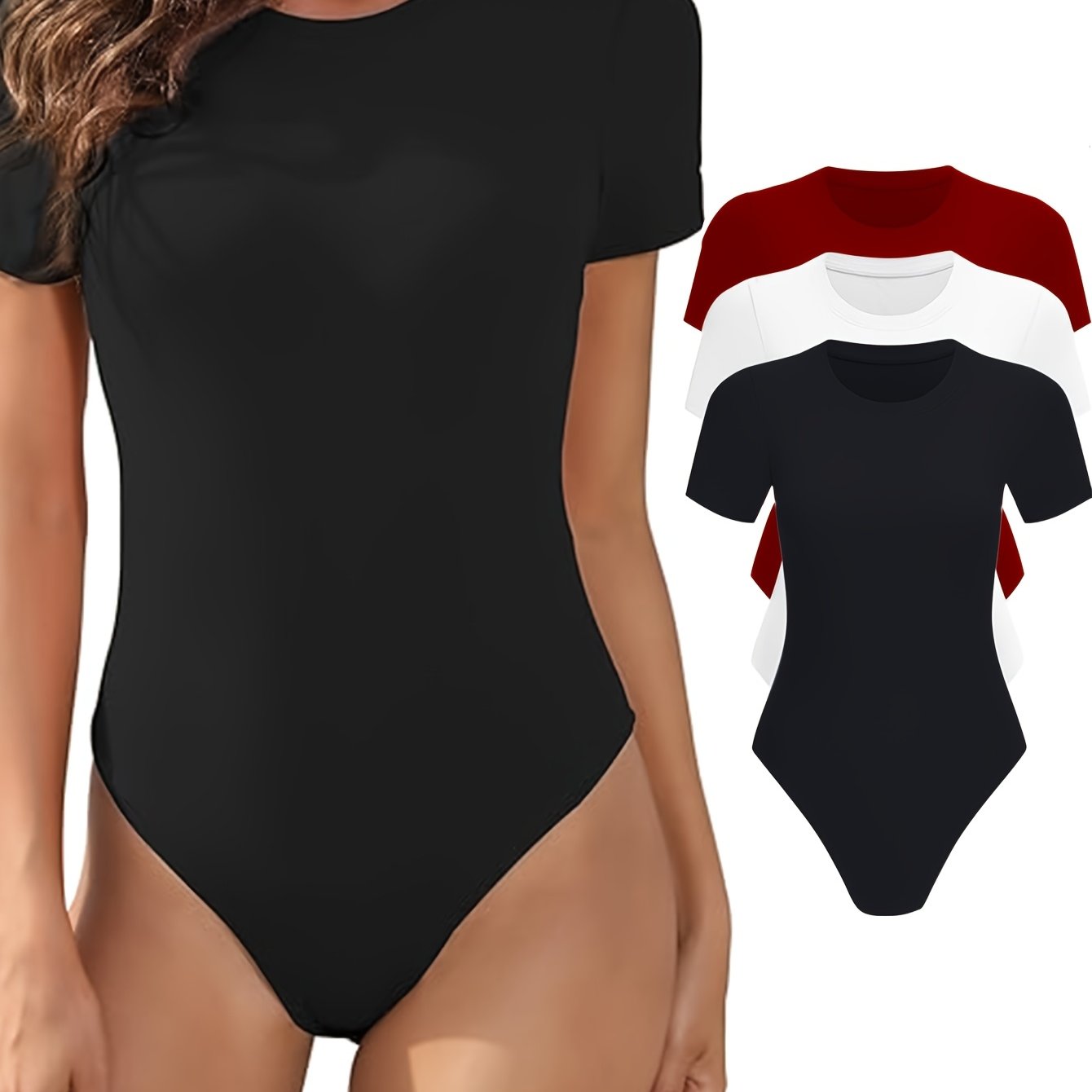 Lot de 3 bodys femme – manches courtes, col rond, coupe ajustée, basiques confortables