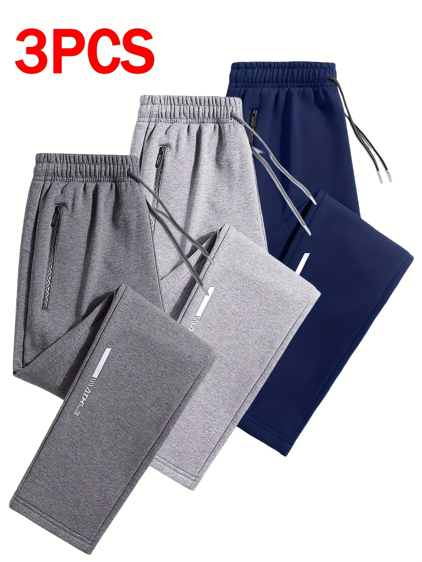 Lot de 3 Joggers Homme – Tissu Maille Douce, Taille à Cordon, Jambe Droite, Poches Zippées, Gris Chiné/Bleu Marine