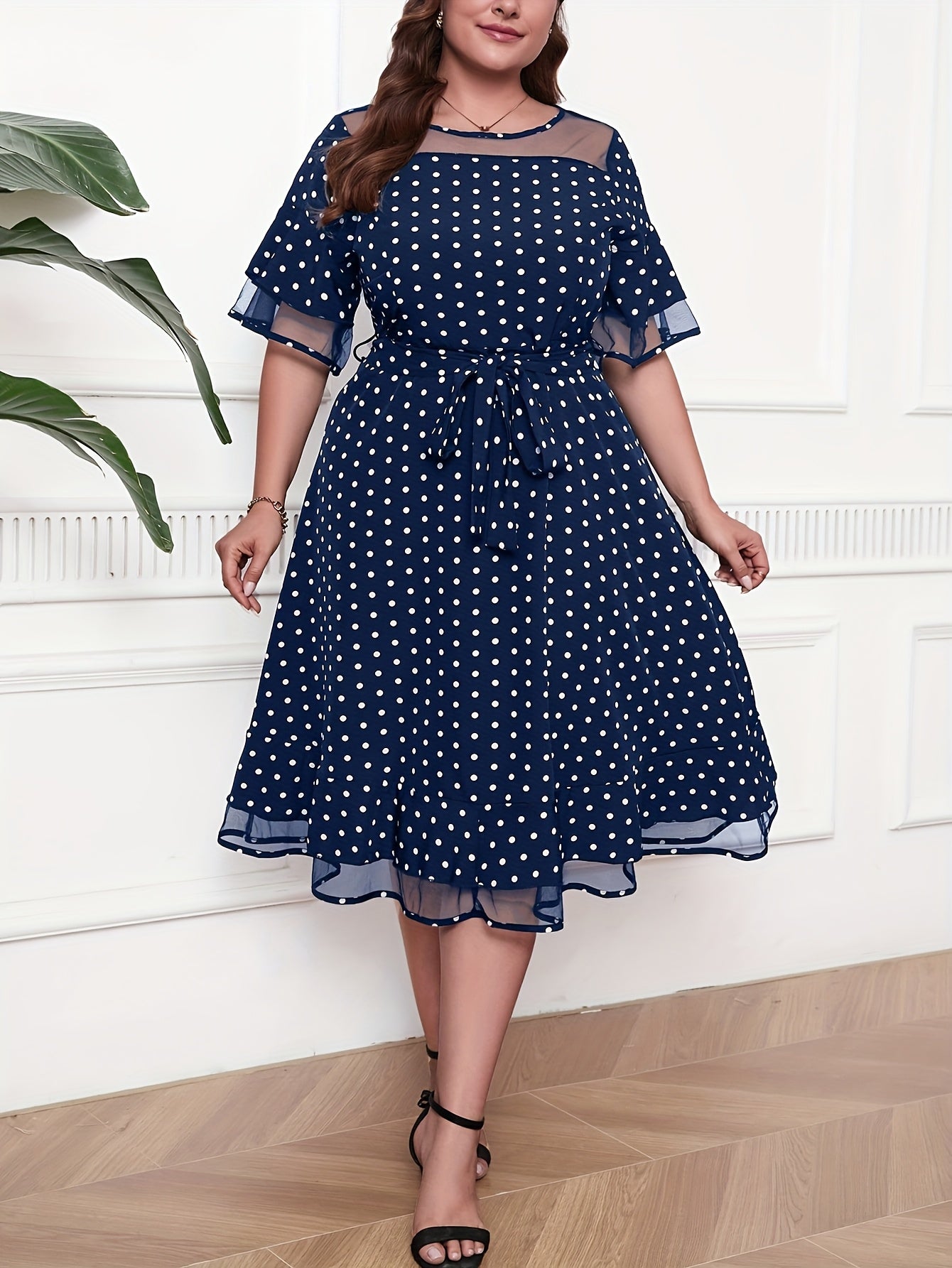 Robe Été Femme Grande Taille – Élégante, Imprimé à Pois, Col Rond, Dos à Nouer, Manches Courtes, Jupe
