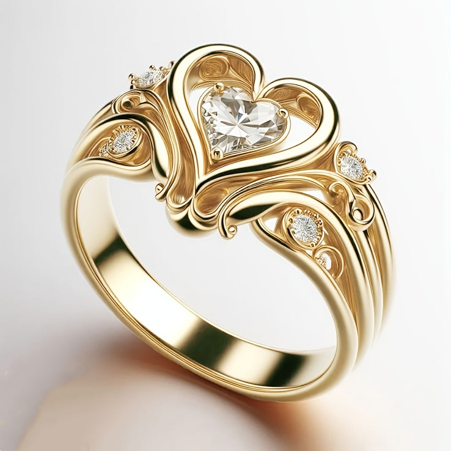Elegant 18K Golden-Plated Heart-Shaped Copper Ring with Cubic Synthetic Zirconia - Perfect Gift for Valentine'S Day, Birthdays, Christmas & Anniversaries, Romantic Jewelry for Couples