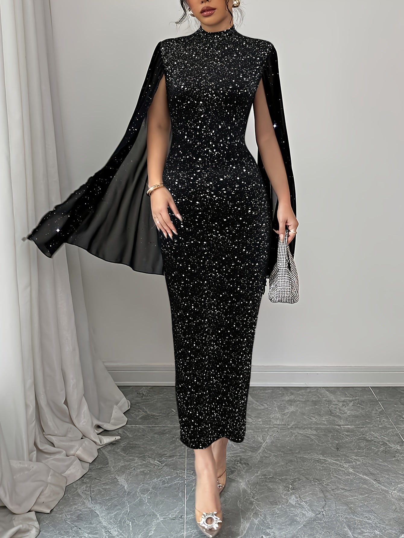 2025 New Elegant Formal Fall Women's Dress, Sequin Evening Gown with Fashionable Spliced Sleeves, Slim-Fit Starlight Long Dress for Halloween Costumes, Parties, and Gatherings