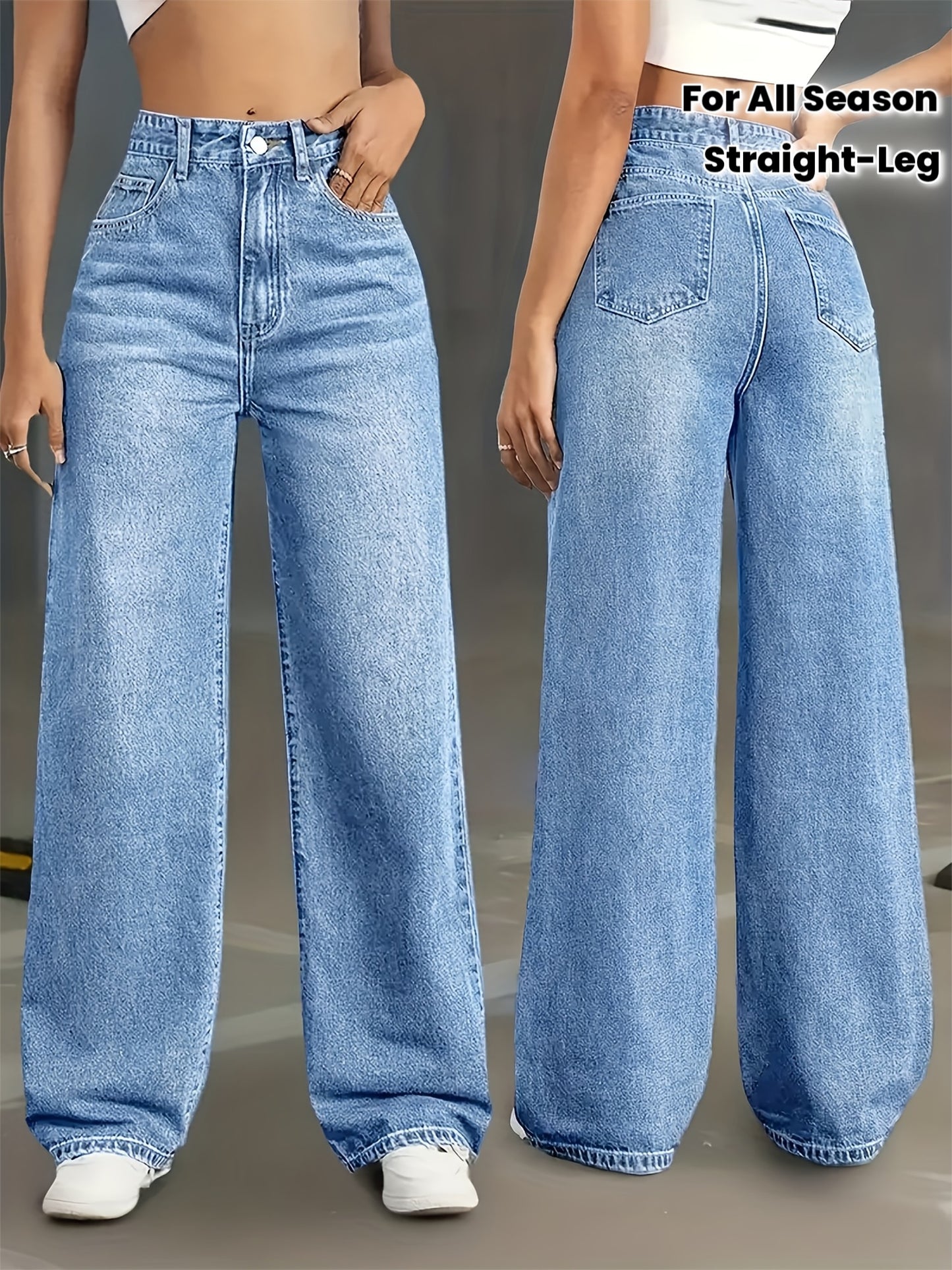 Jean Femme Taille Haute Évasé et Extensible - Pantalon Droit Bleu Délavé avec Ceinture et Poches, Effet Gainant, Idéal pour Toutes Saisons, Travail, Bureau ou Voyage - Jean Casual et Chic