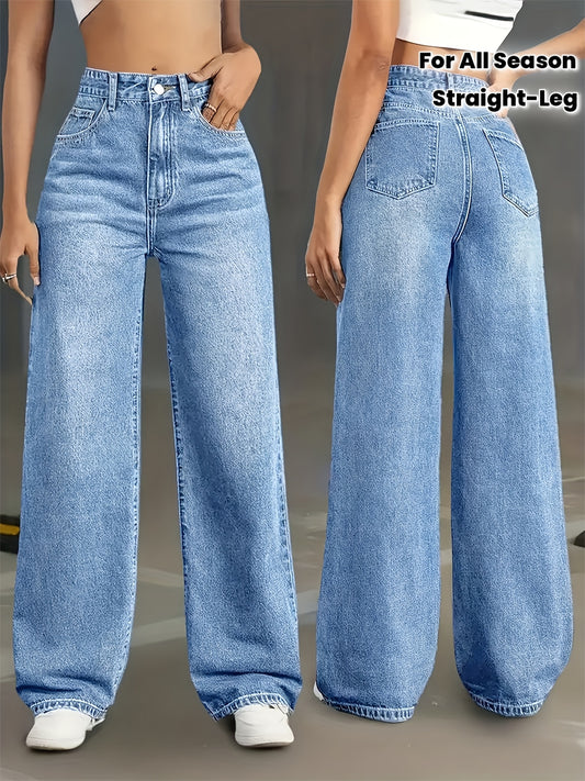 Jean Femme Taille Haute Évasé et Extensible - Pantalon Droit Bleu Délavé avec Ceinture et Poches, Effet Gainant, Idéal pour Toutes Saisons, Travail, Bureau ou Voyage - Jean Casual et Chic