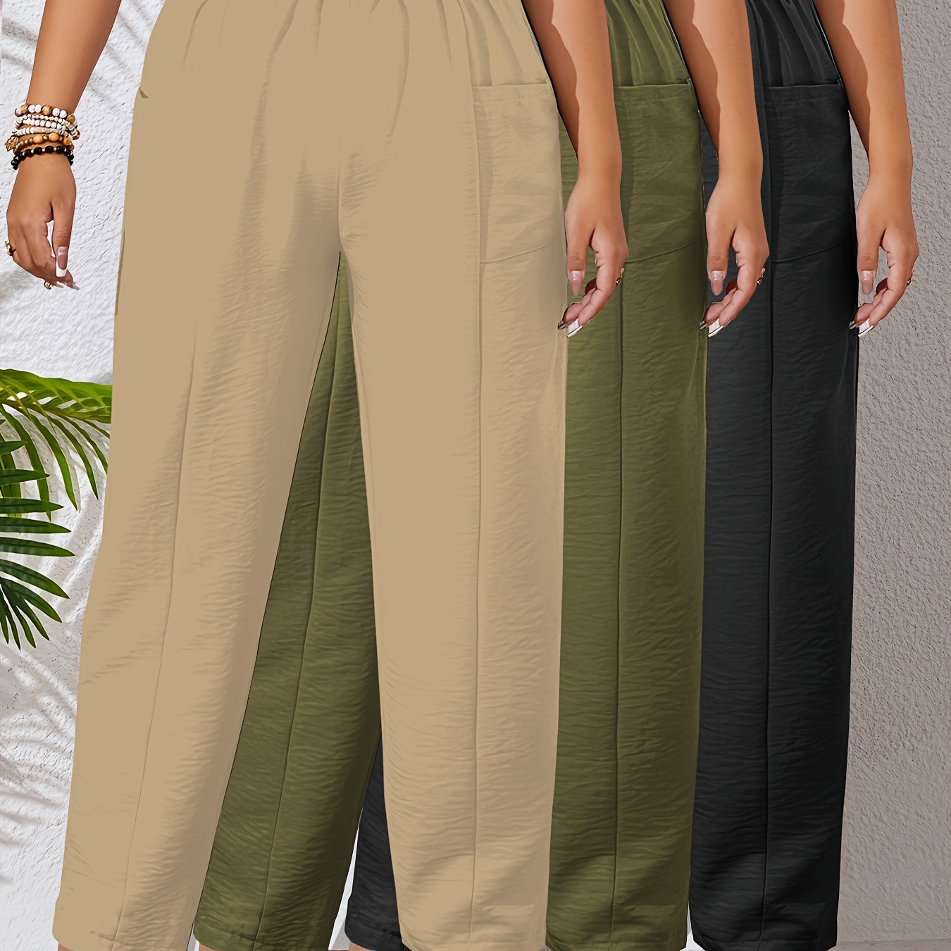 Lot de 3 Pantalons Femme Grande Taille – Taille Haute, Droits, Élastiques avec Poches, Couleur Unie, Tous Saisons