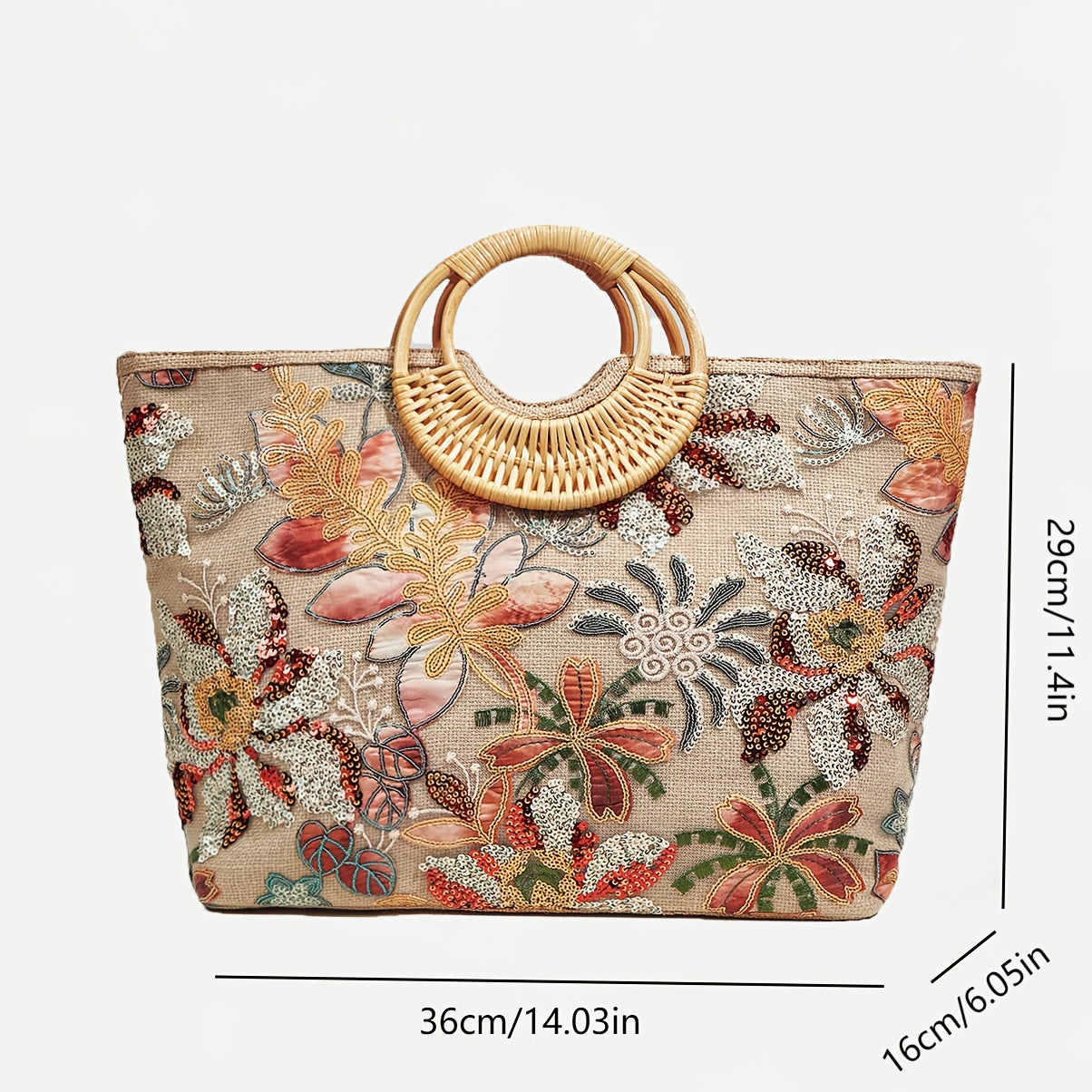 Sac Cabas Femme Brodé et Perlé à Motif Floral – Poignée Tressée, Grande Capacité, Style Décontracté Plage et Vacances, Bandoulières Fixes, Fermeture Éclair, Doublure en Polyester, Multicolore