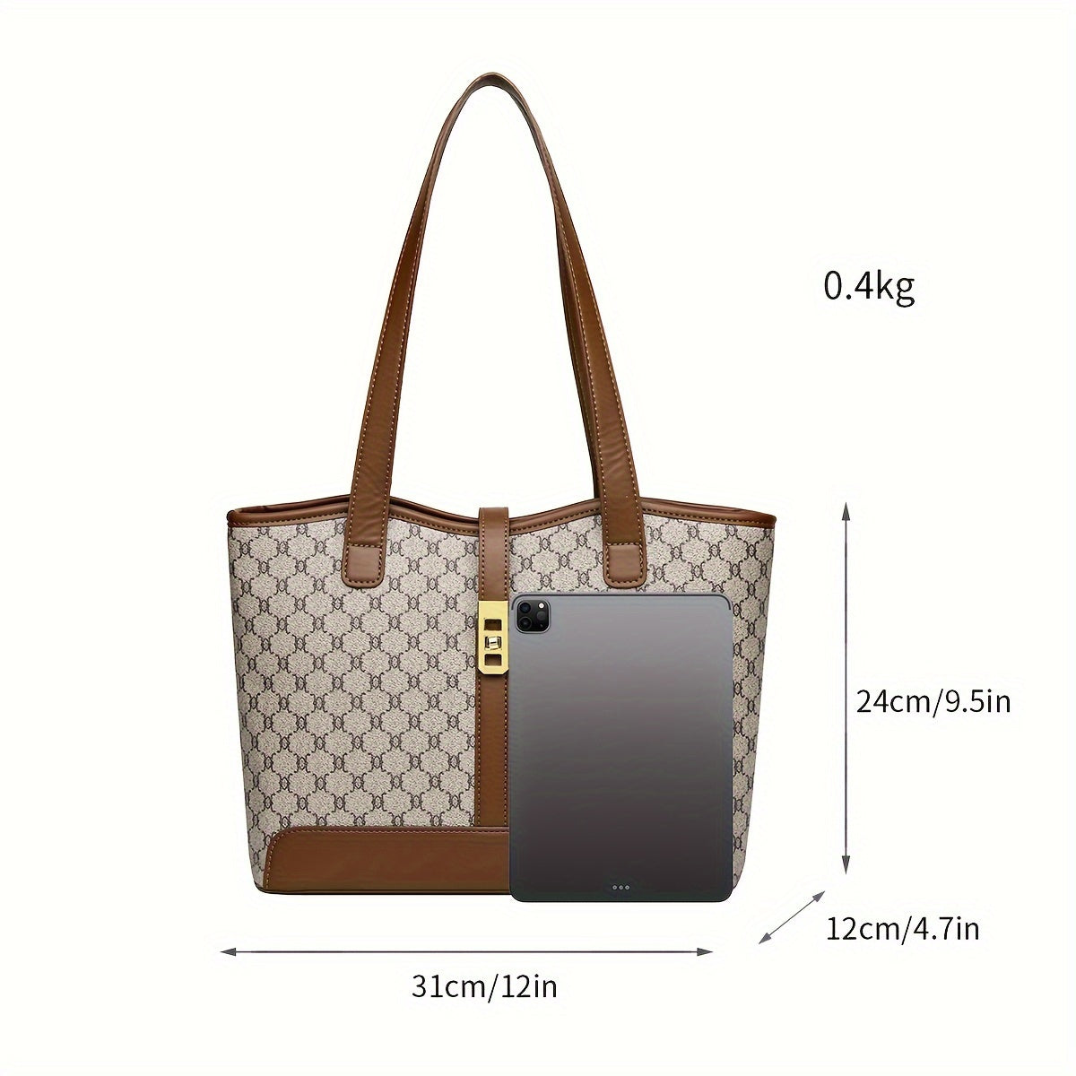 Sac cabas grande capacité pour femme – Café et gris, ferrures dorées, fermeture éclair, anses solides, bandoulière détachable, élégant pour travail et voyage