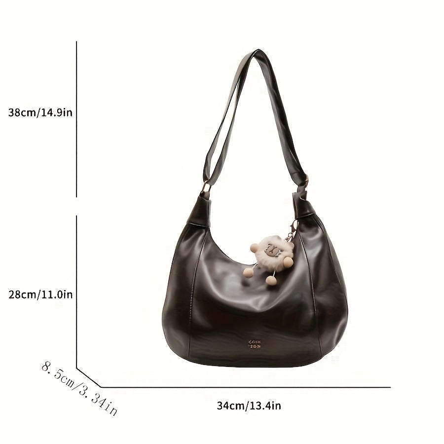 Sac bandoulière vintage élégant pour femmes – grand format, bandoulière réglable, charm lion en peluche, fermeture zippée, détails sur les bords, simili cuir café, marron clair ou noir, idéal pour travail, trajets et sorties