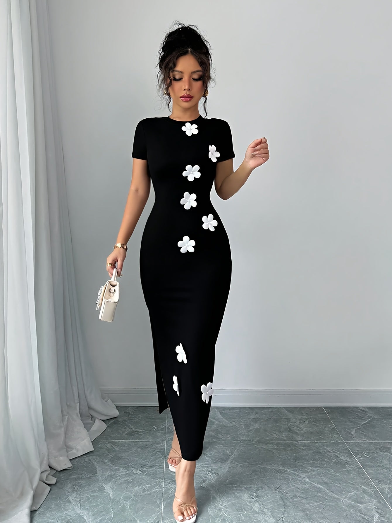 Women's Elegant -Line Dress with Slit - -Length or -the-knee Dress Suitable for Weddings, Parties, Business Events - Machine Washable Solid Color Dress with Round Neck & -Line Silhouette