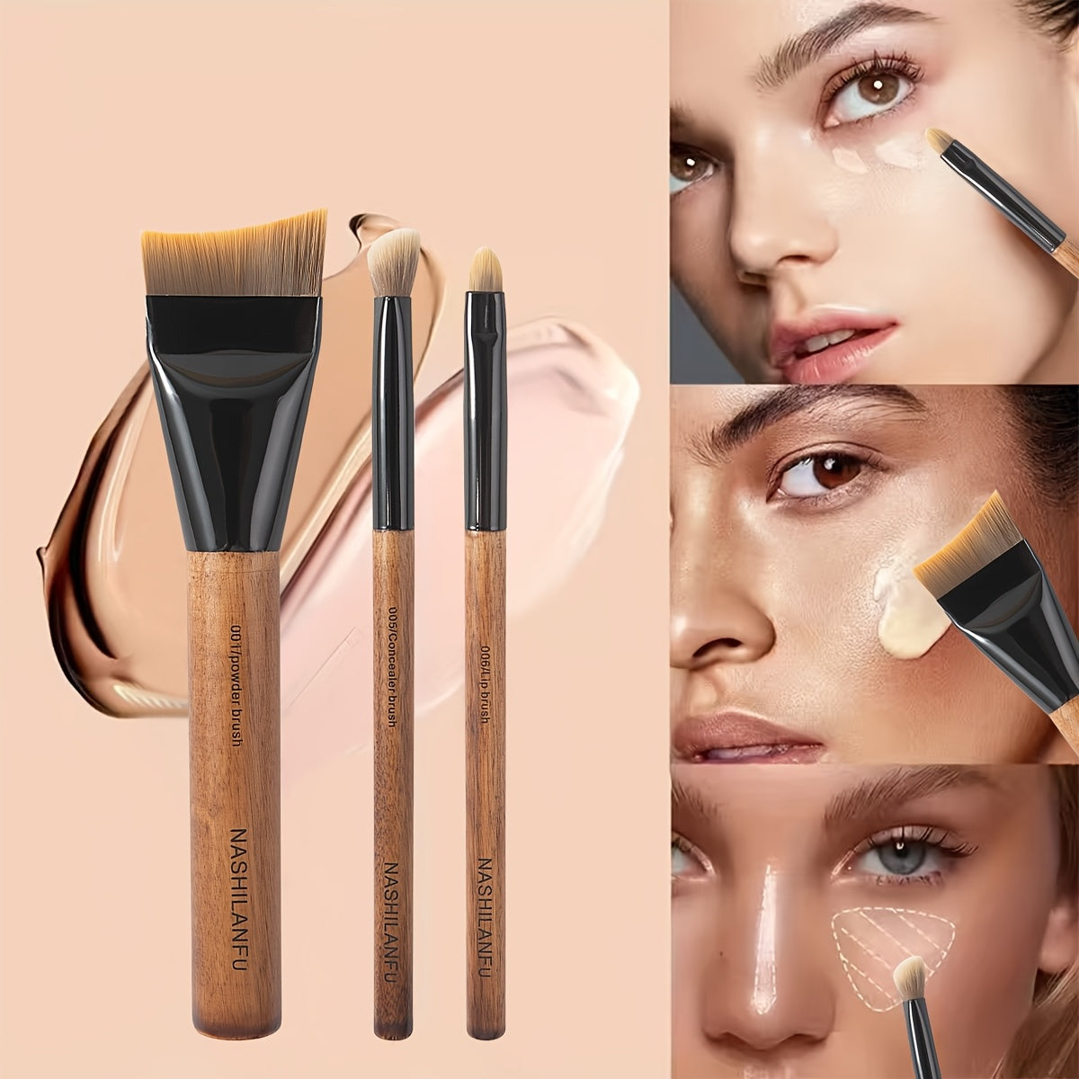 Kit 3 Pinceaux Maquillage Visage – Manche Bois & Poils Doux