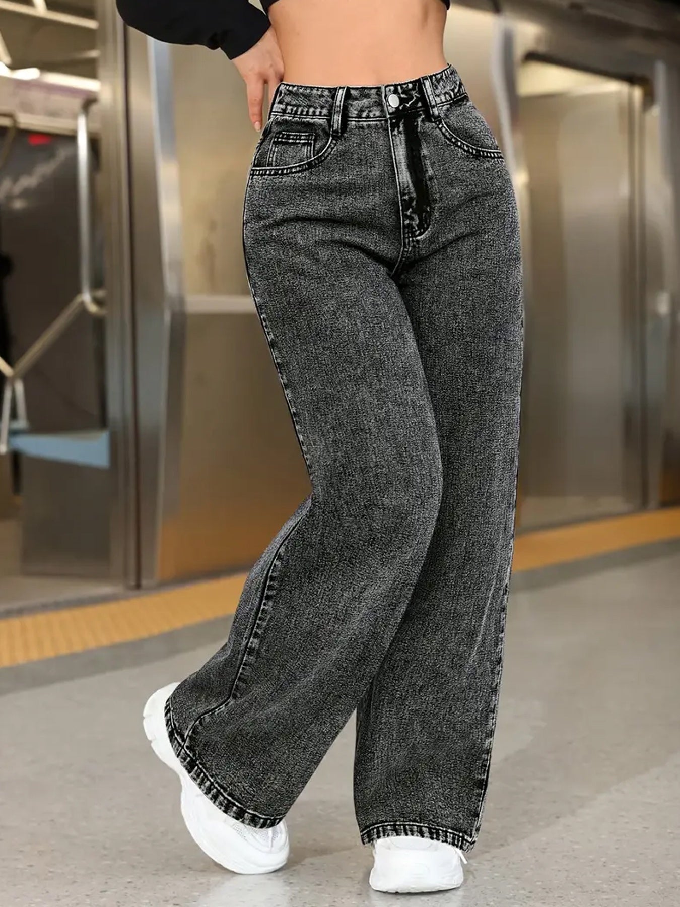 Jeans Femme Taille Haute Jambe Droite Extensible Confort Classique Effet Snowflake Élégant Toute Saison Poches Durable