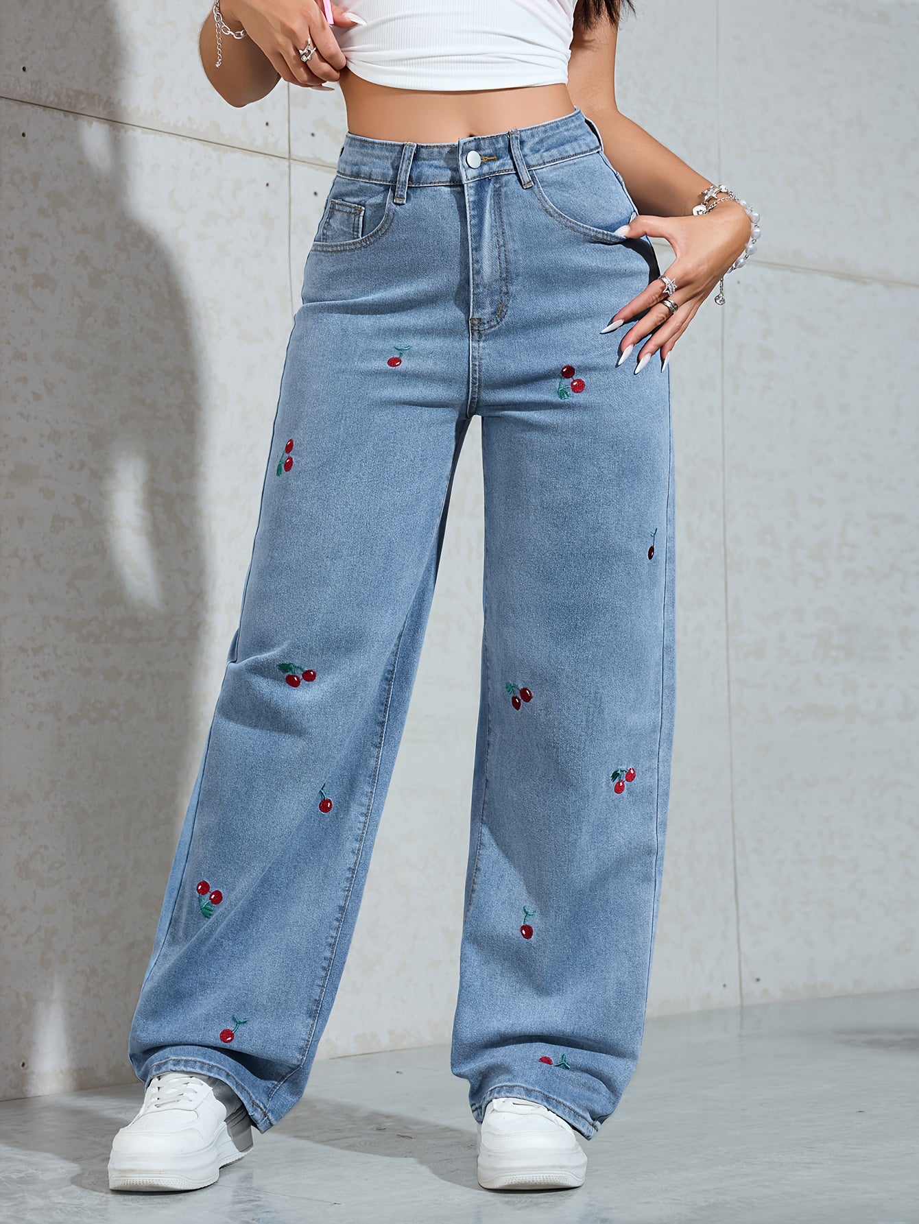 Jeans Femme Jambe Droite Large Faux Denim Broderie Cerise Extensible Effet Usé Confort Toute Saison Décontracté Durable