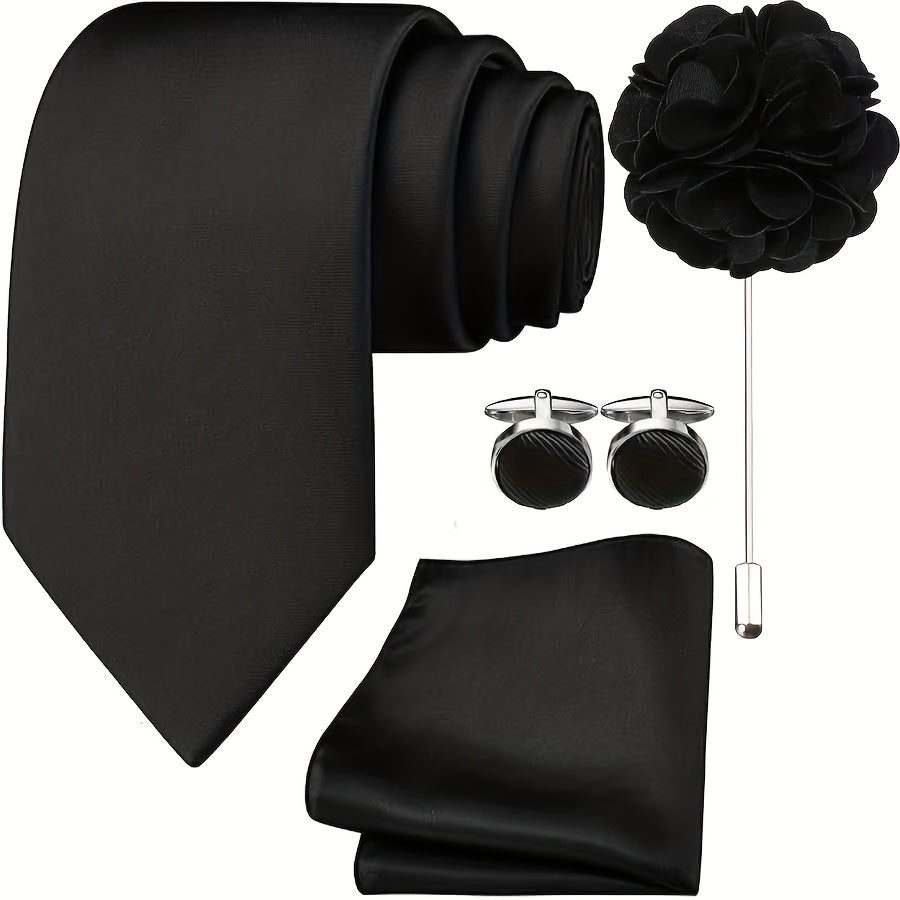 Lot de 5 Accessoires Homme – Cravate, Pochette, Boutons de Manchette et Broche, Ensemble Formelle pour Mariage, Bureau et Fêtes