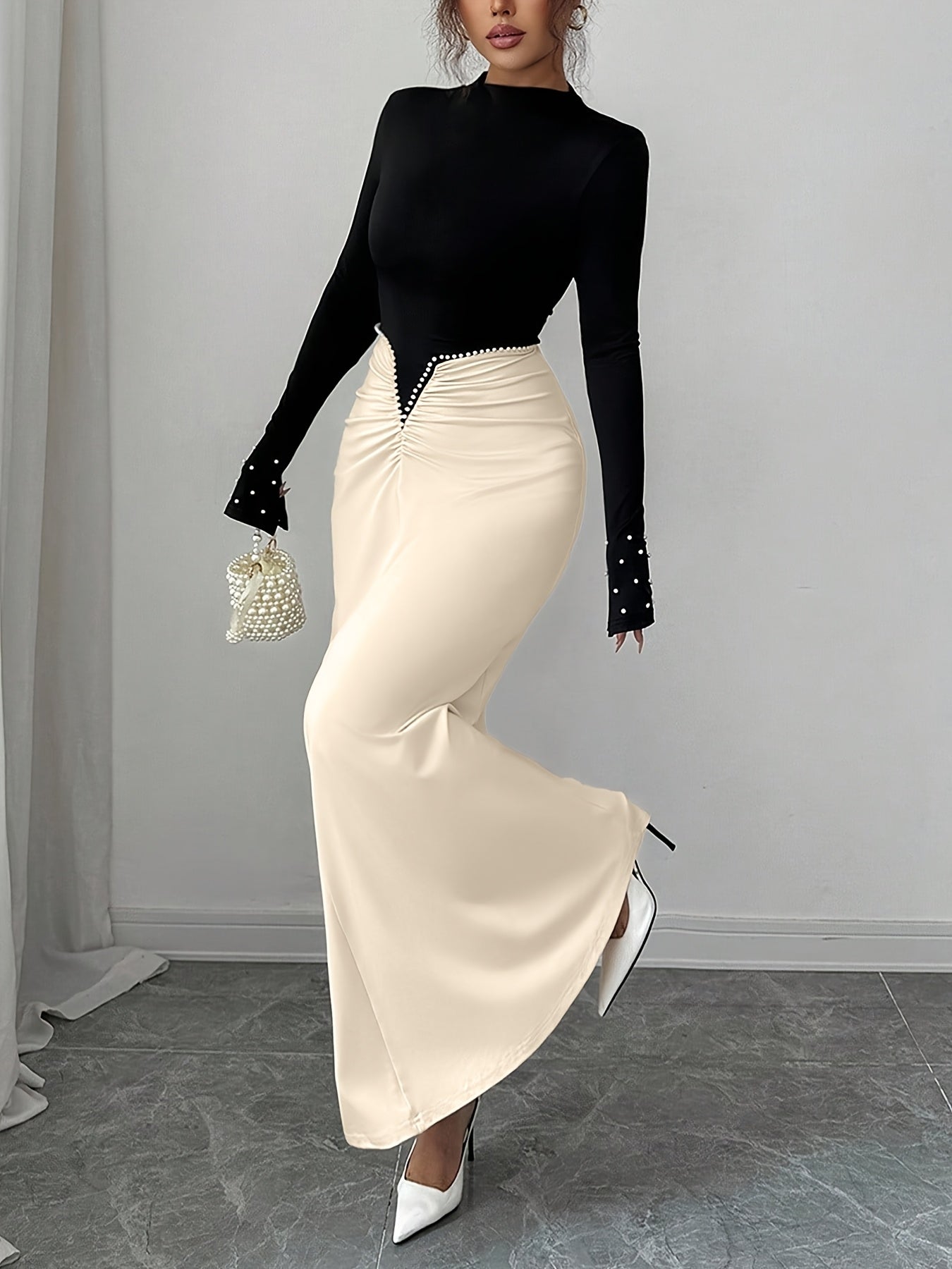 Women's Winter Long Evening Gown with Pearl & Color-Block Collar - Long Sleeve A-Line Dress Suitable for Christmas, New Year's Eve, Weddings, Proms - Elegant Party & Commuting Attire - Machine Washable High Elasticity Dress