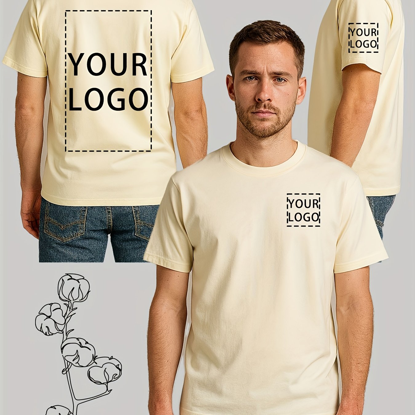 2pcs Men's 100% Cotton Custom T-Shirts 2-Sided Printing - Personalized Text/Logo/Photo Printing on Chest, Back & Sleeve - DIY Customizable Short Sleeve Round Neck Tees for Promotional Events, Team Uniforms, Casual Attire - Ma